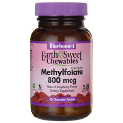 BLU144 | Bluebonnet EarthSweet Chewables methylfolate 800 mcg bottle, natural raspberry flavor, 90 chewable tablets