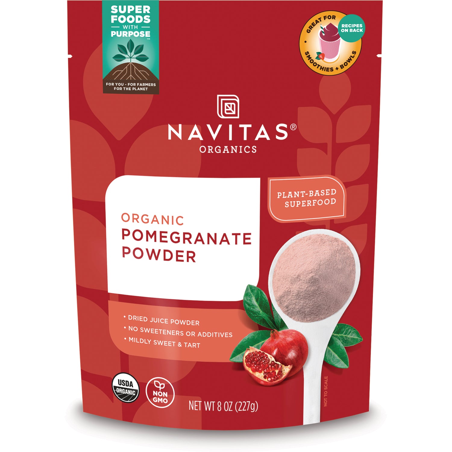 NAV023 | Navitas Organics pouch labeled ORGANIC POMEGRANATE POWDER with spoonful of pink powder and fruit