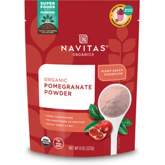 NAV023 | Navitas Organics pouch labeled ORGANIC POMEGRANATE POWDER with spoonful of pink powder and fruit