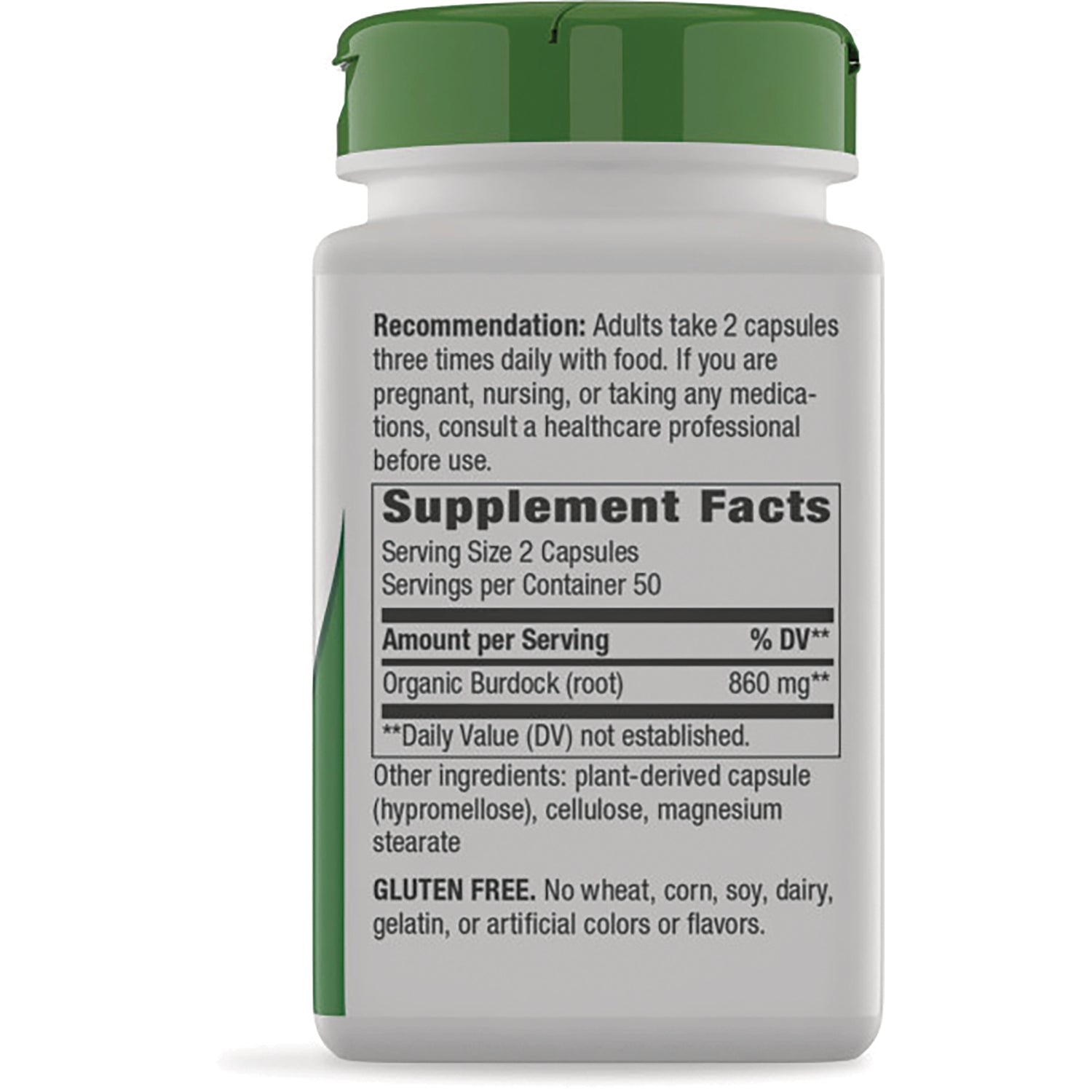 NW118 | Back label showing Supplement Facts and directions, serving size 2 capsules, Organic Burdock (root) 860 mg