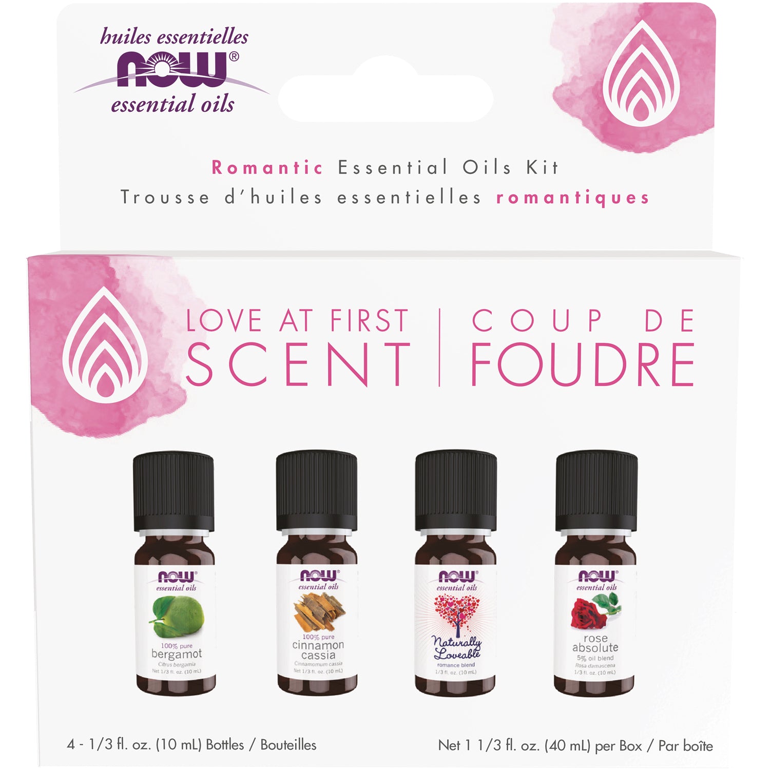 NWF1277 | NOW Romantic essential oils kit packaging showing four 10 mL bottles labeled bergamot, cinnamon cassia, Naturally Loveable, rose absolute