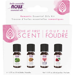 NWF1277 | NOW Romantic essential oils kit packaging showing four 10 mL bottles labeled bergamot, cinnamon cassia, Naturally Loveable, rose absolute