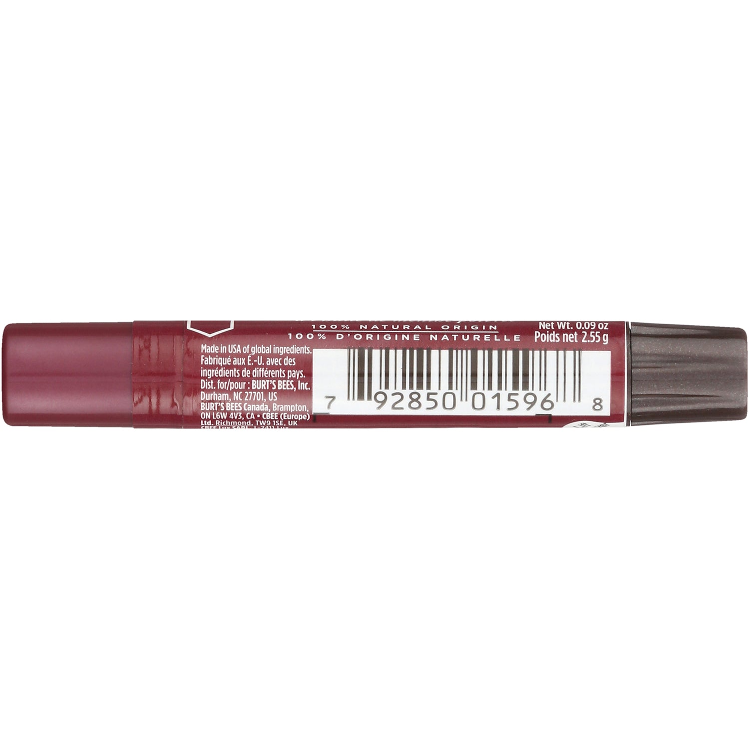 Burgundy lip crayon back showing barcode, ingredient text and net wt 0.09 oz