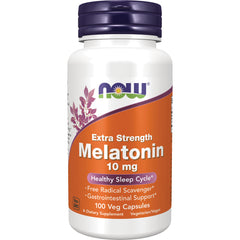 NWF1340 | NOW Extra Strength Melatonin 10 mg white bottle with orange label, 100 veg capsules