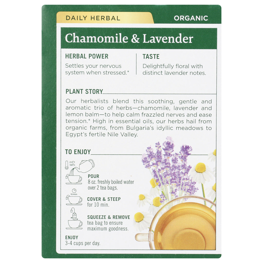 TMD012 | Back of Chamomile & Lavender organic tea box with herbal power, taste notes, and brewing steps - Thumbnail