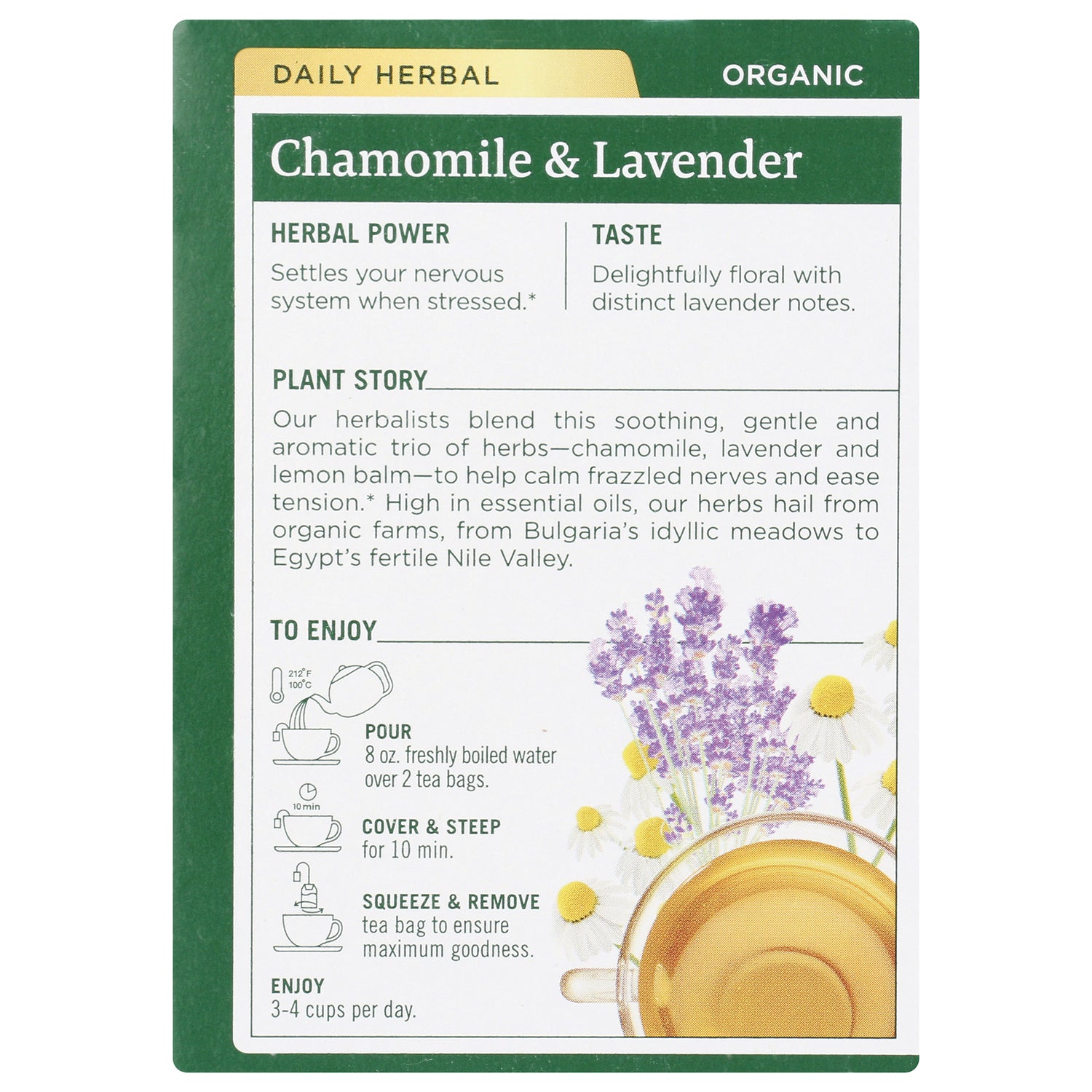TMD012 | Back of Chamomile & Lavender organic tea box with herbal power, taste notes, and brewing steps