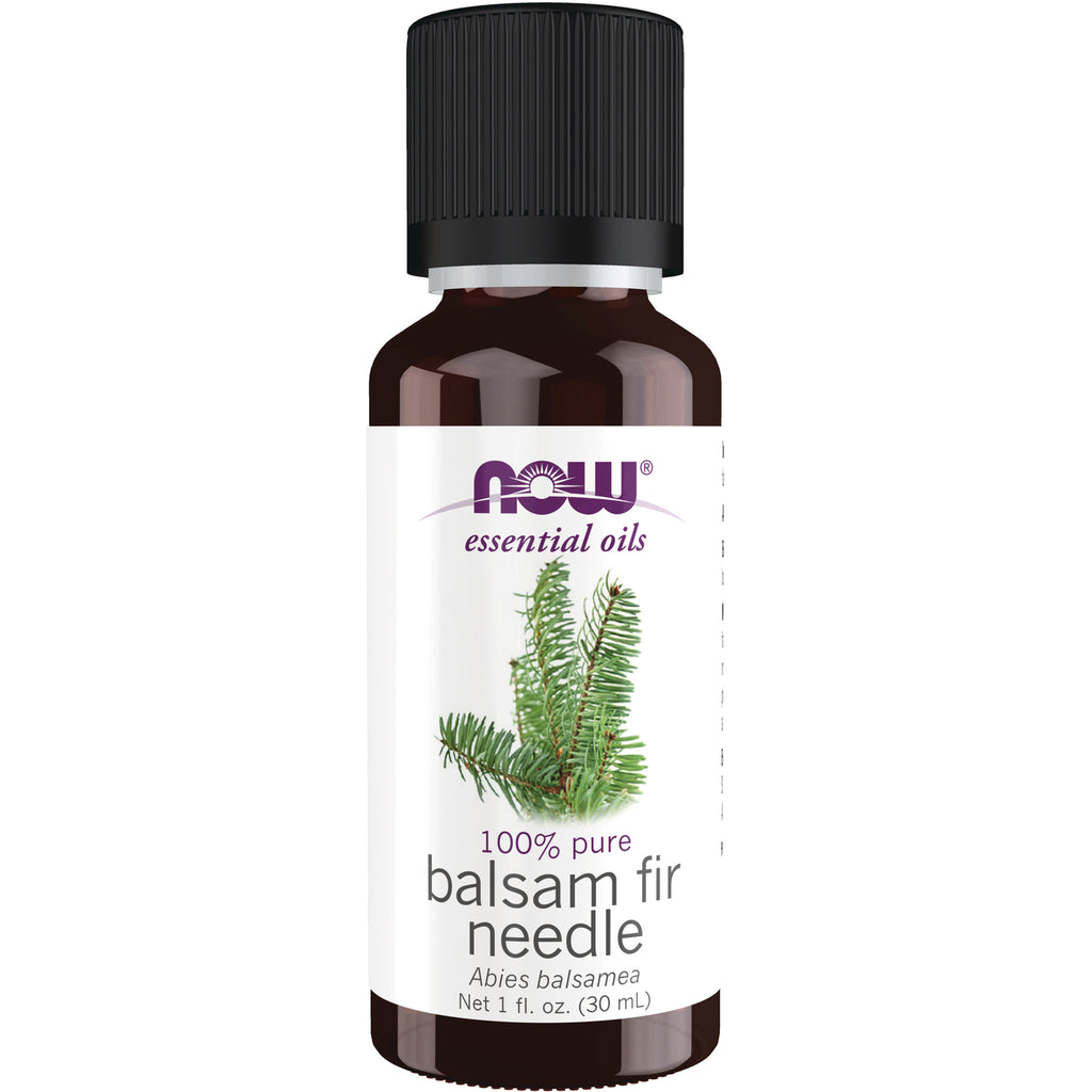 NWF590 | Amber 1 fl oz NOW essential oils bottle labeled 100% pure balsam fir needle - Thumbnail