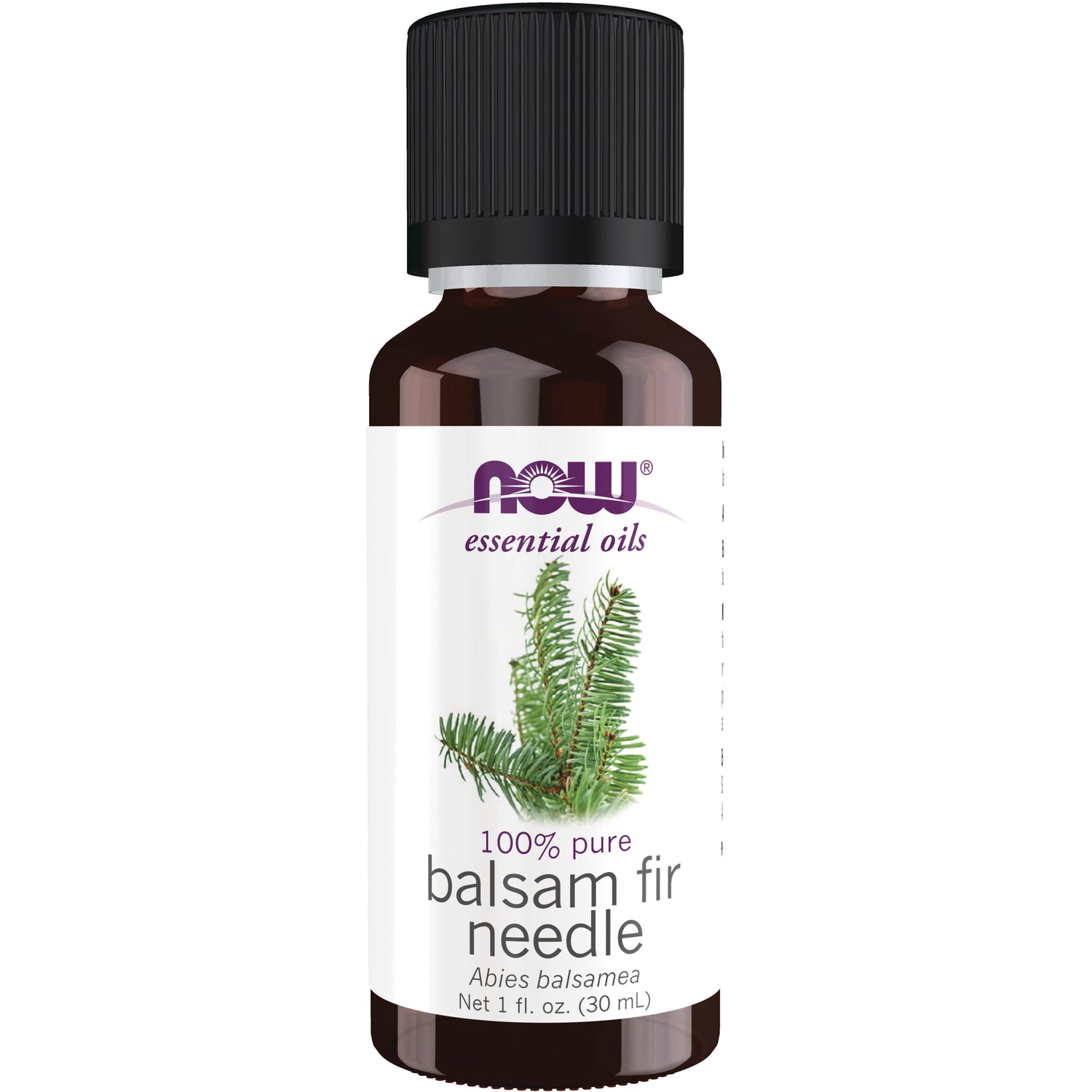 NWF590 | Amber 1 fl oz NOW essential oils bottle labeled 100% pure balsam fir needle