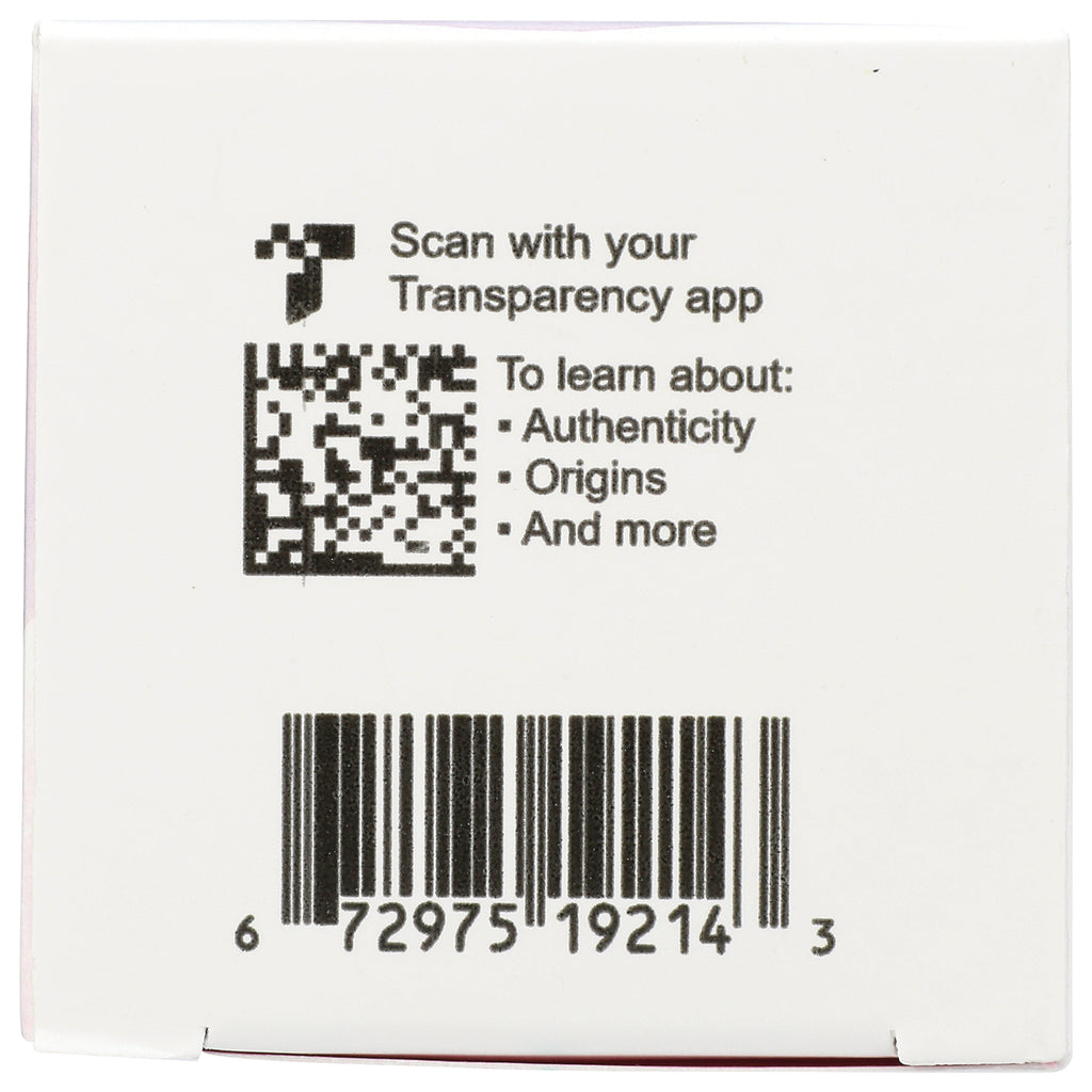 Back of white box with QR code, barcode, and text Scan with Transparency app To learn about: Authenticity Origins and more - Thumbnail