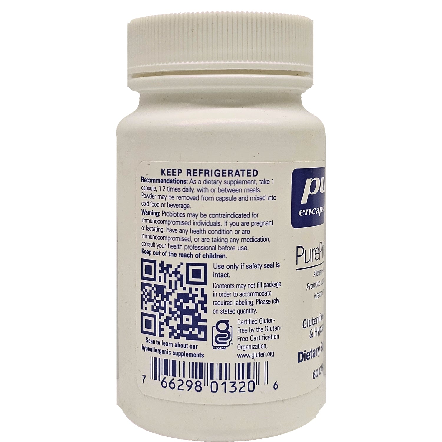 PRN118 | Back of white supplement bottle showing KEEP REFRIGERATED label, QR code and barcode