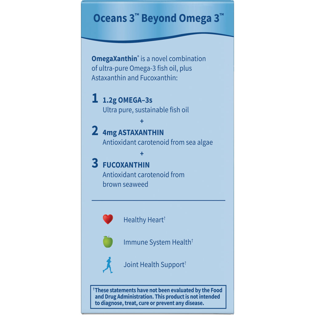 GLF040 | back of supplement box listing OmegaXanthin ingredients 1.2g OMEGA-3s, 4mg ASTAXANTHIN, FUCOXANTHIN and health icons - Thumbnail