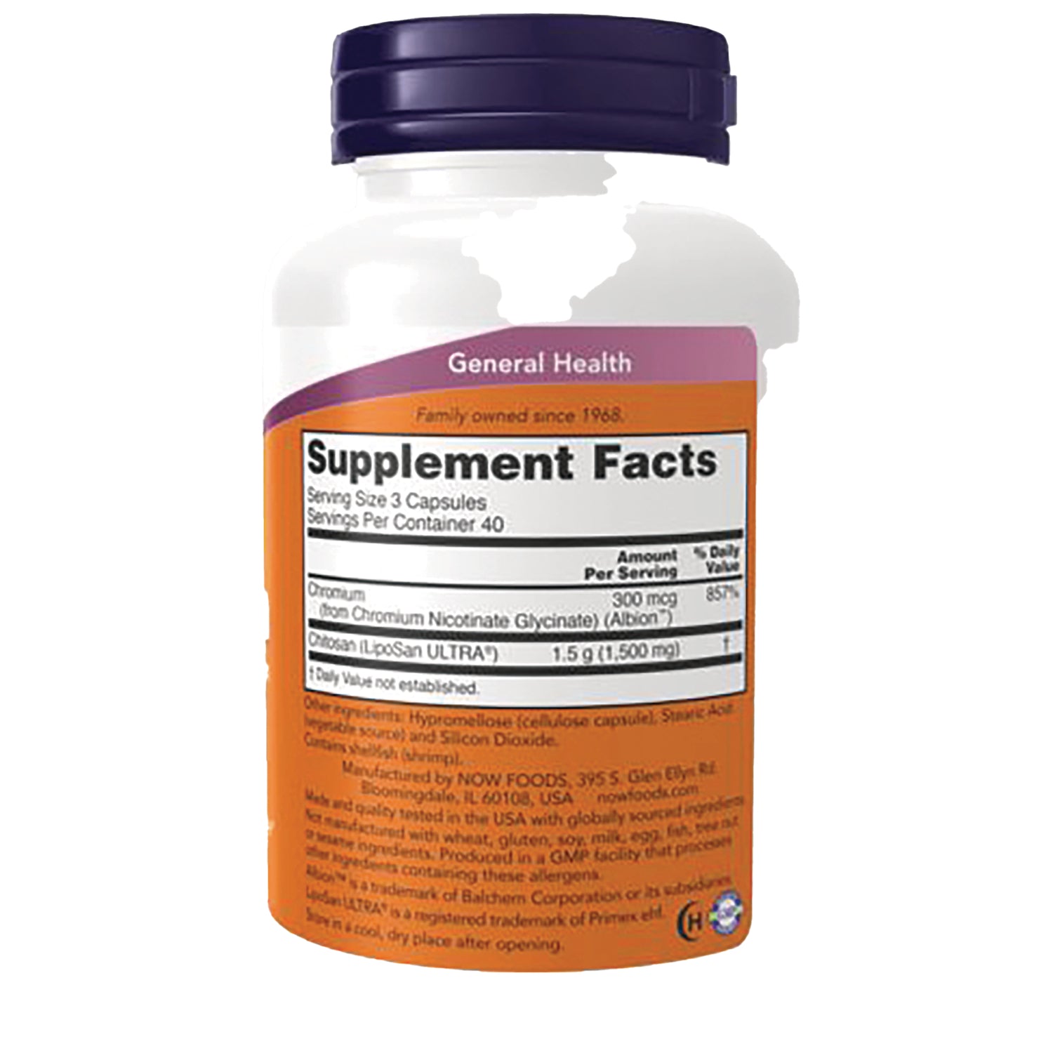 NWF731 | Back of white supplement bottle with navy cap showing orange label and Supplement Facts panel