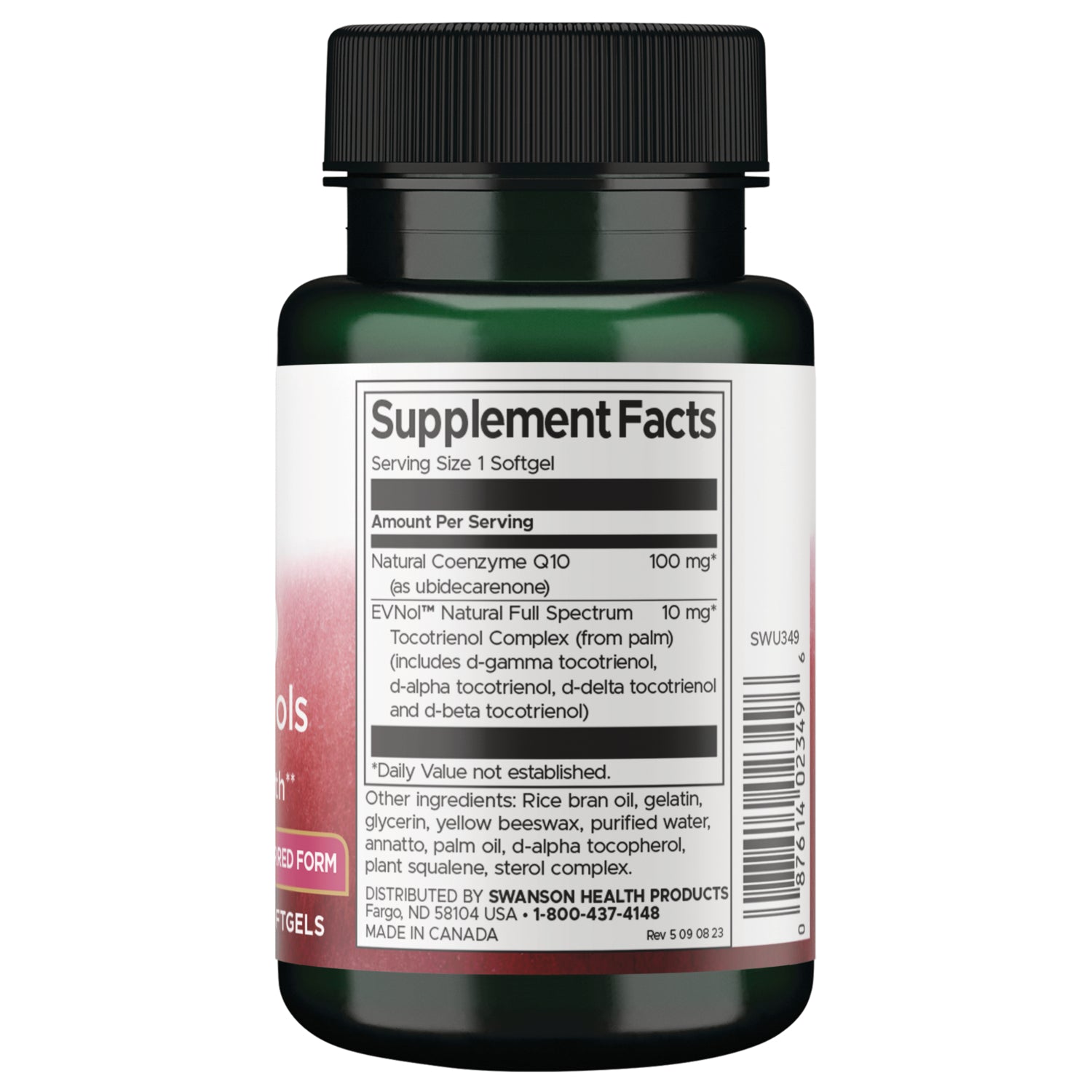 SWU349 | Back label Supplement Facts: serving size 1 softgel, CoQ10 100 mg, EVNol tocotrienol complex 10 mg