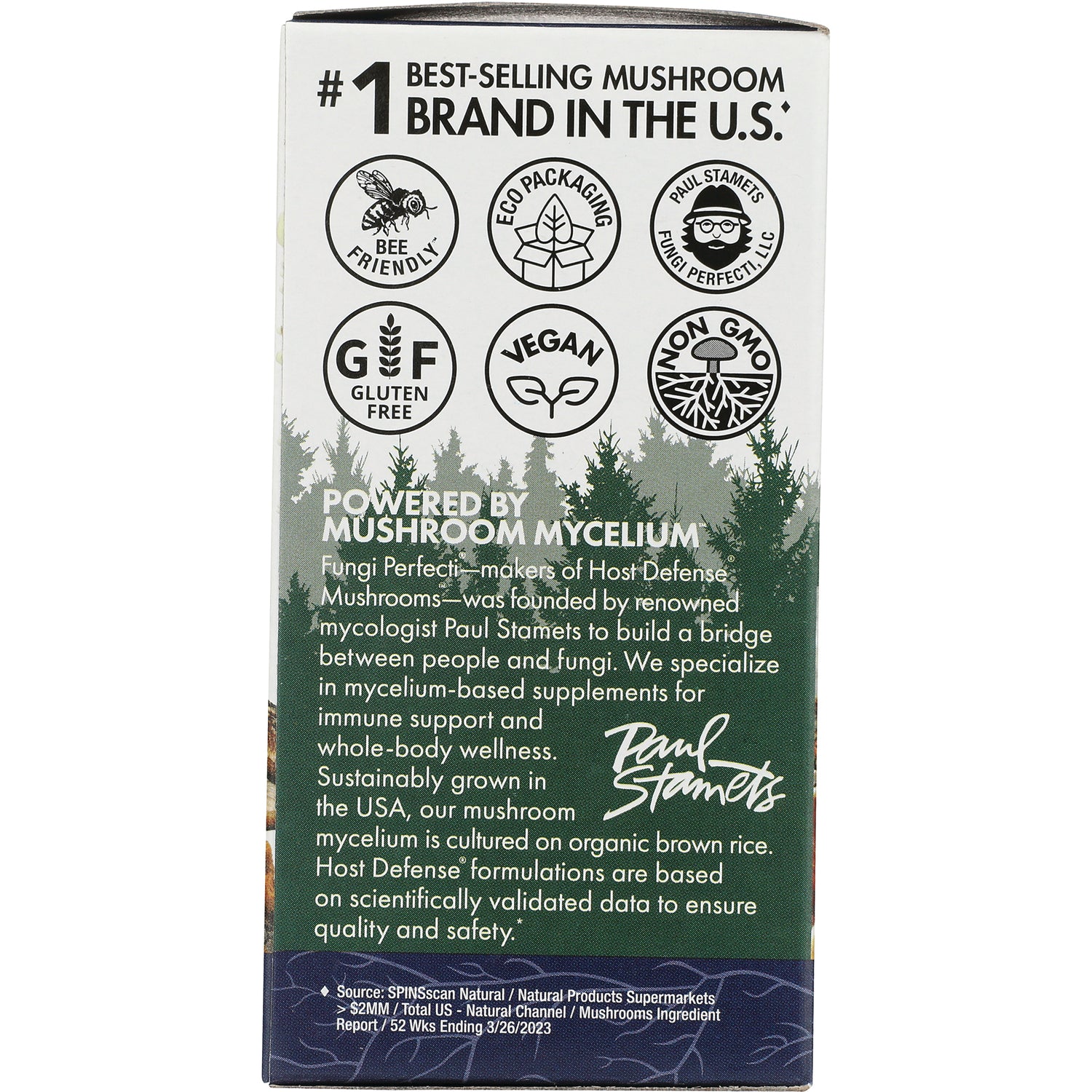 FUN003 | Product infographic panel with certification icons and text Powered by Mushroom Mycelium and brand description