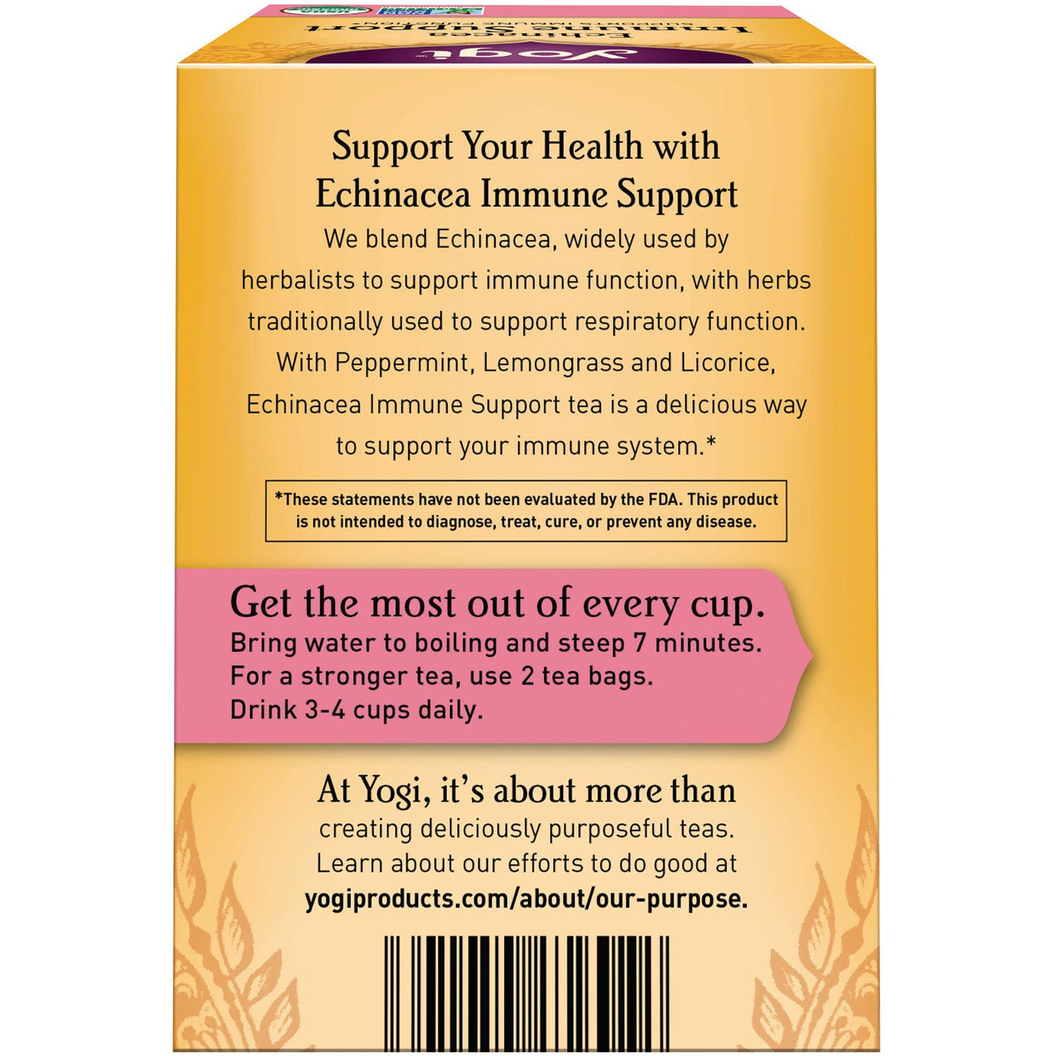 AHW021 | Back of Yogi Echinacea Immune Support tea box with steeping directions and barcode