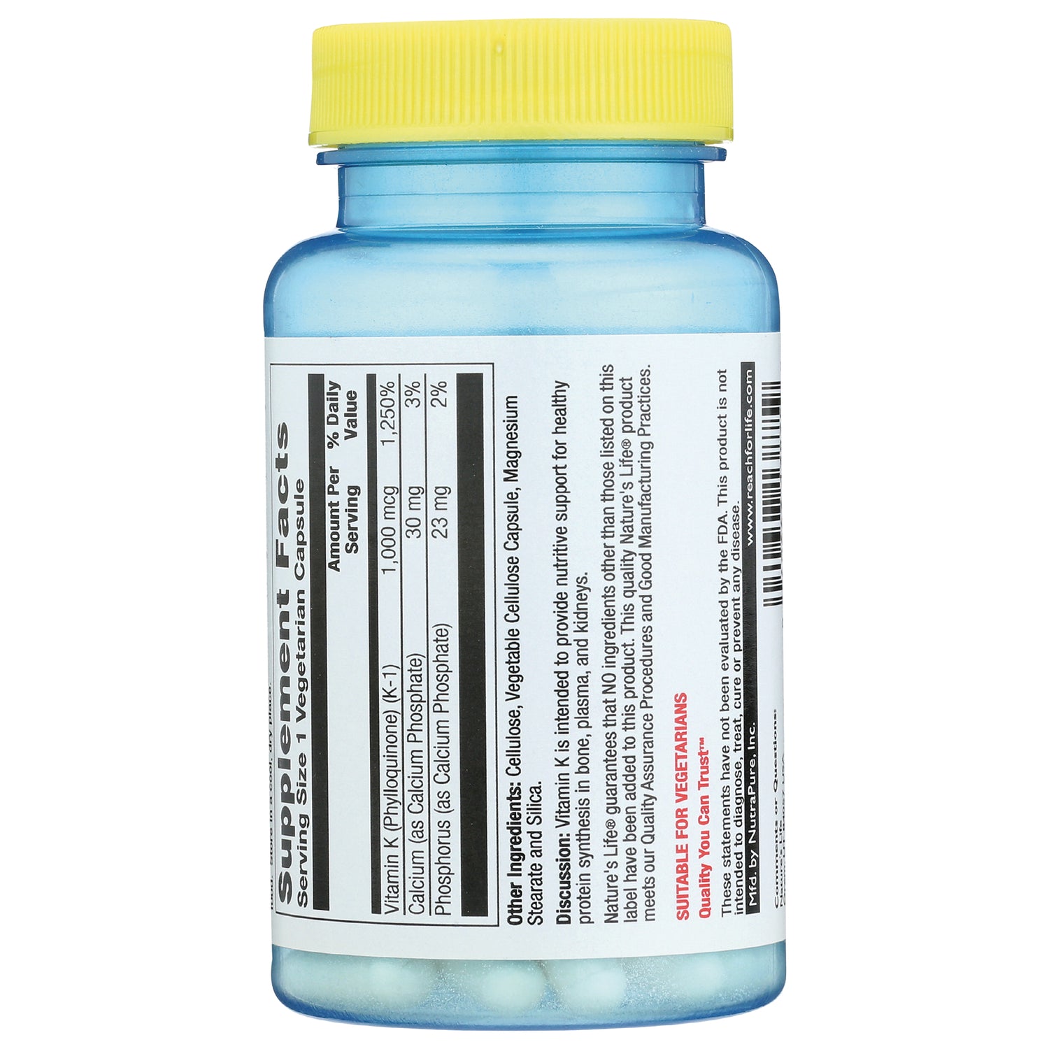 NSL045 | back of blue supplement bottle with yellow cap showing Supplement Facts panel and pills visible