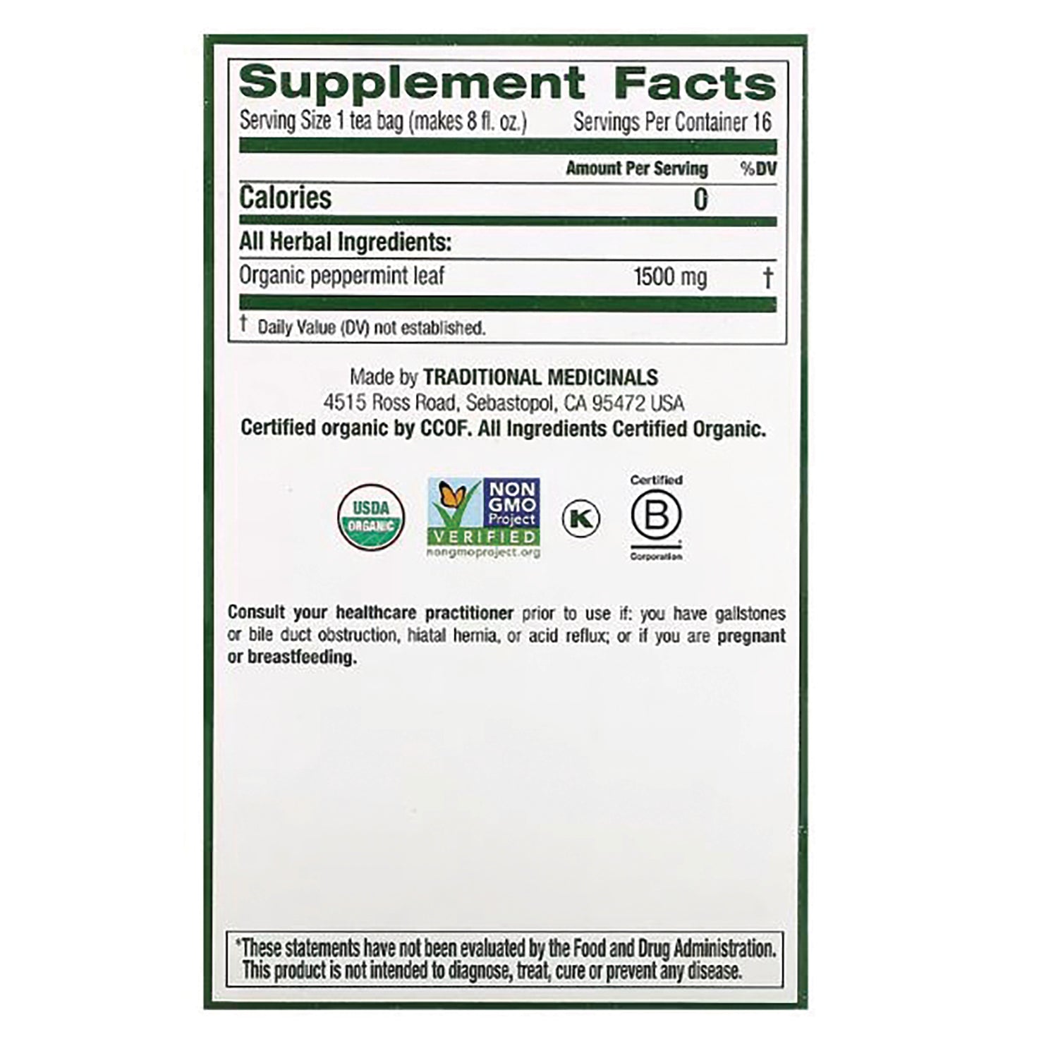 TMD006 | Supplement Facts panel for organic peppermint leaf tea, 1500 mg, with certification logos