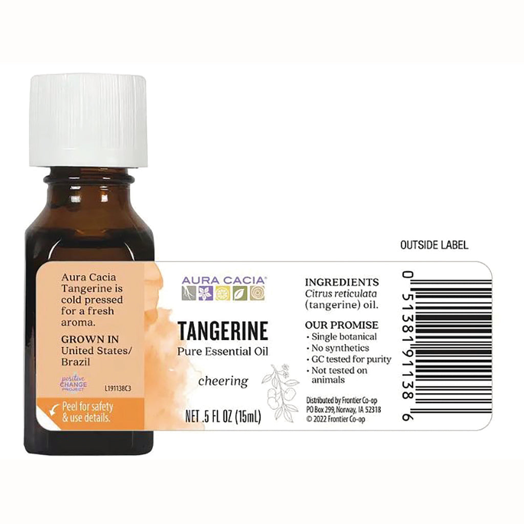 ARC042 | Back label of Aura Cacia Tangerine essential oil bottle showing ingredients, net .5 FL OZ (15mL) and barcode - Thumbnail