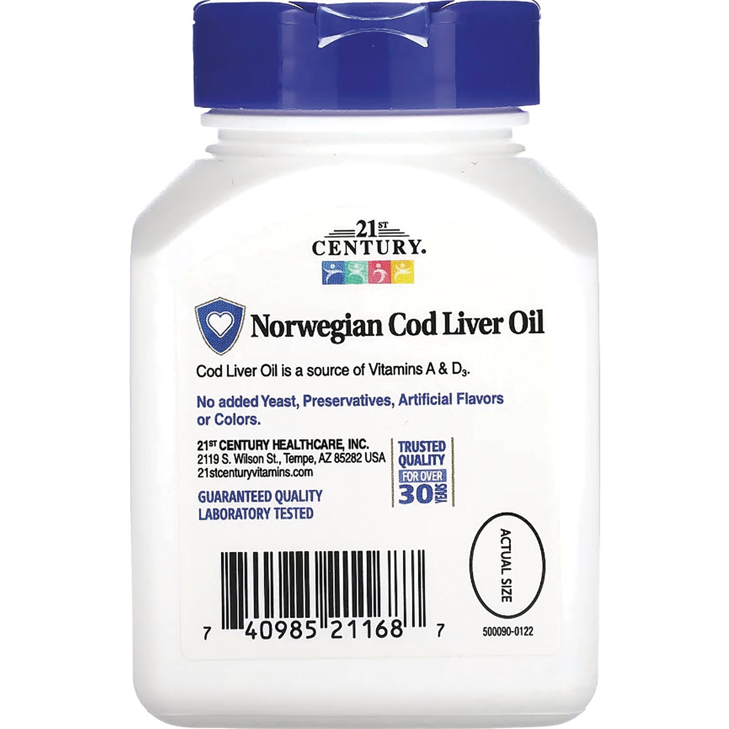 CNT111 | Norwegian Cod Liver Oil bottle label showing product name, claims, barcode and actual size circle