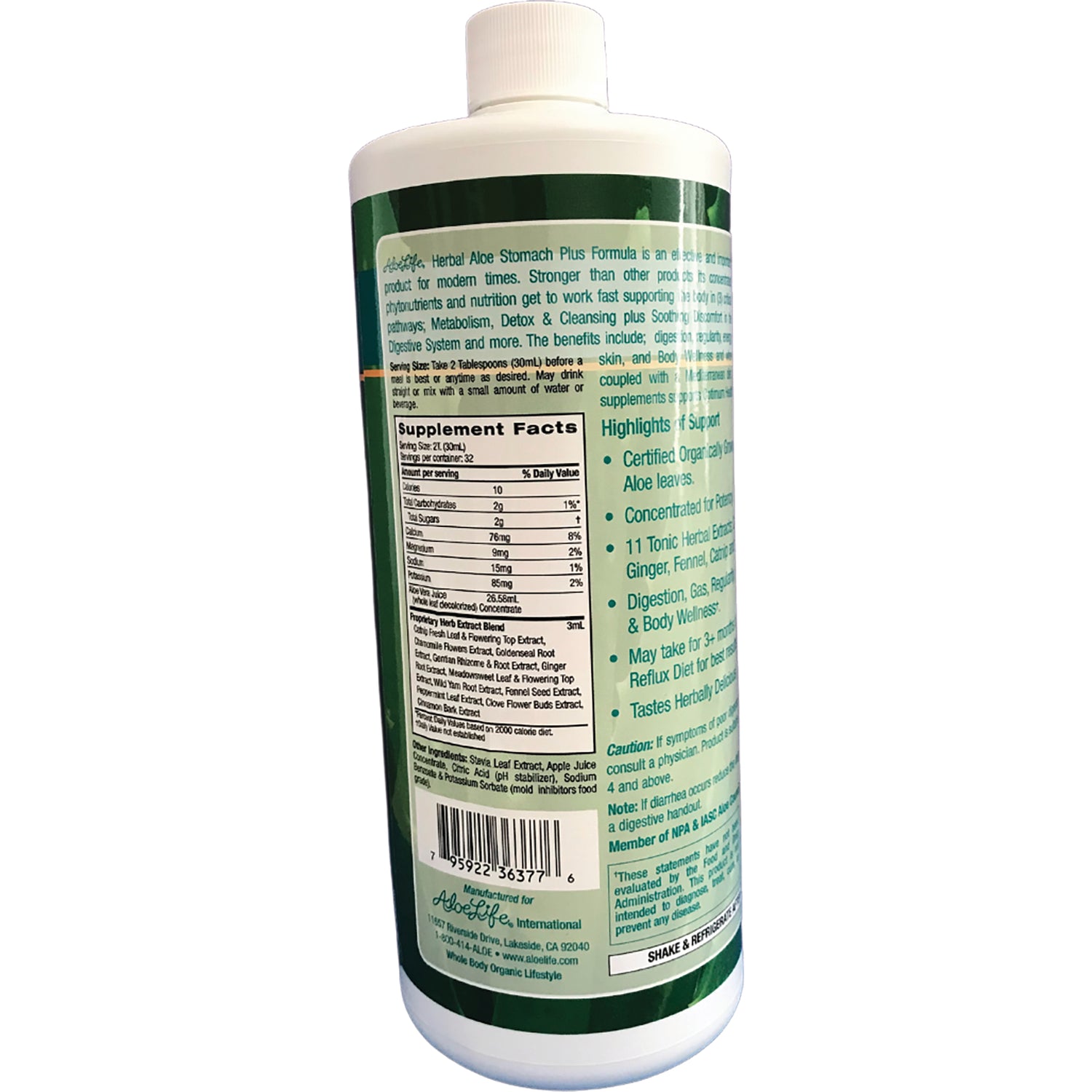 ALI004 | Back label with Supplement Facts and highlights on Herbal Aloe Stomach Plus Formula bottle
