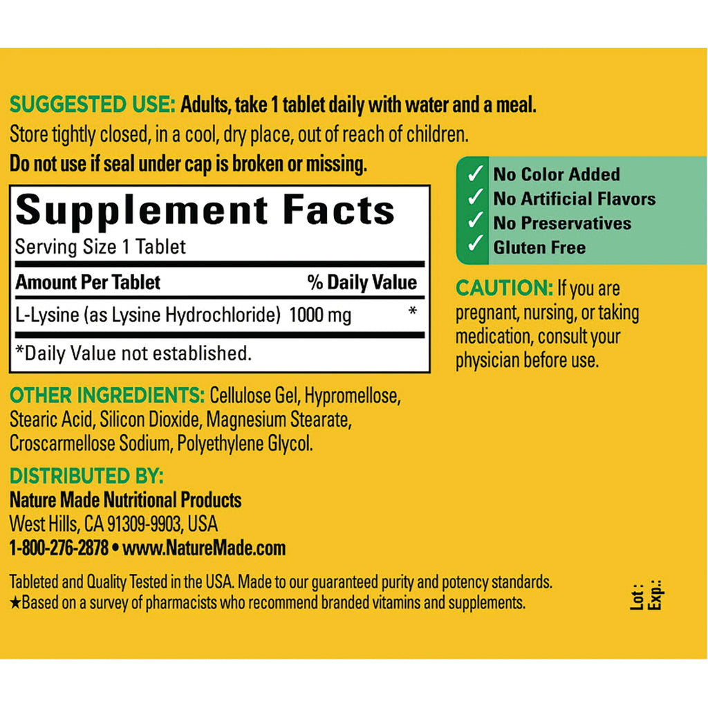 NTM106 | Back label showing Supplement Facts with L-Lysine 1000 mg, suggested use and other ingredients - Thumbnail