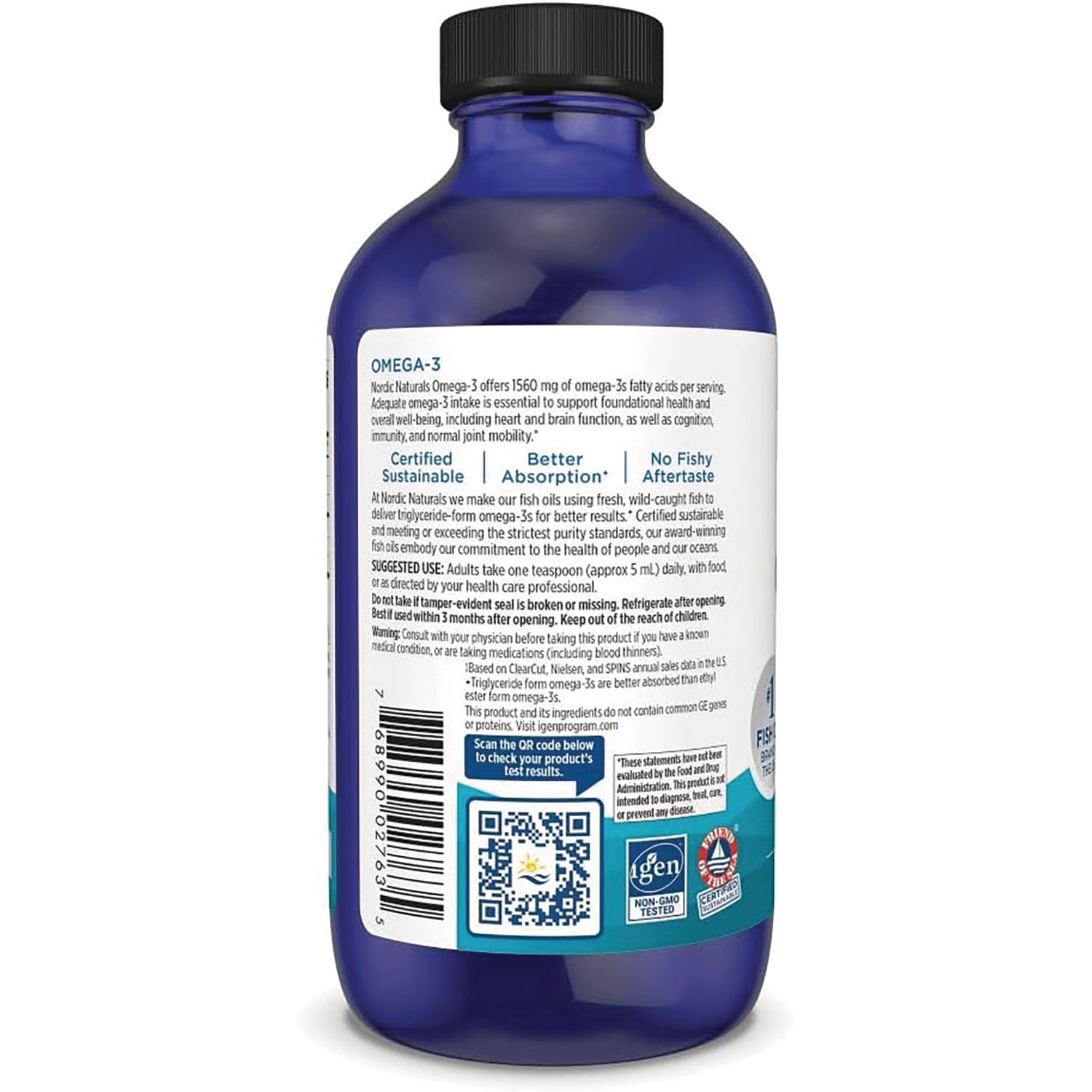 NRN089 | back label of blue omega-3 supplement bottle showing facts panel, barcode and QR code