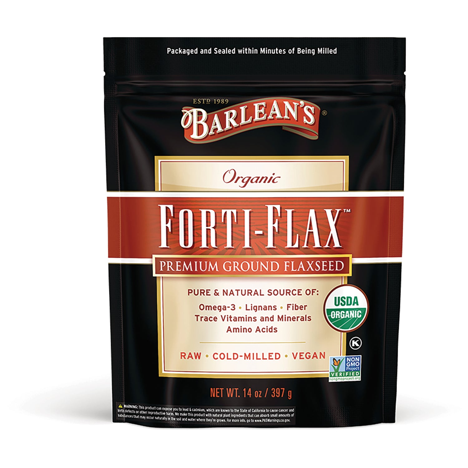 BAR082 | Barlean's Forti-Flax premium ground flaxseed pouch with USDA Organic seal, net wt 14 oz