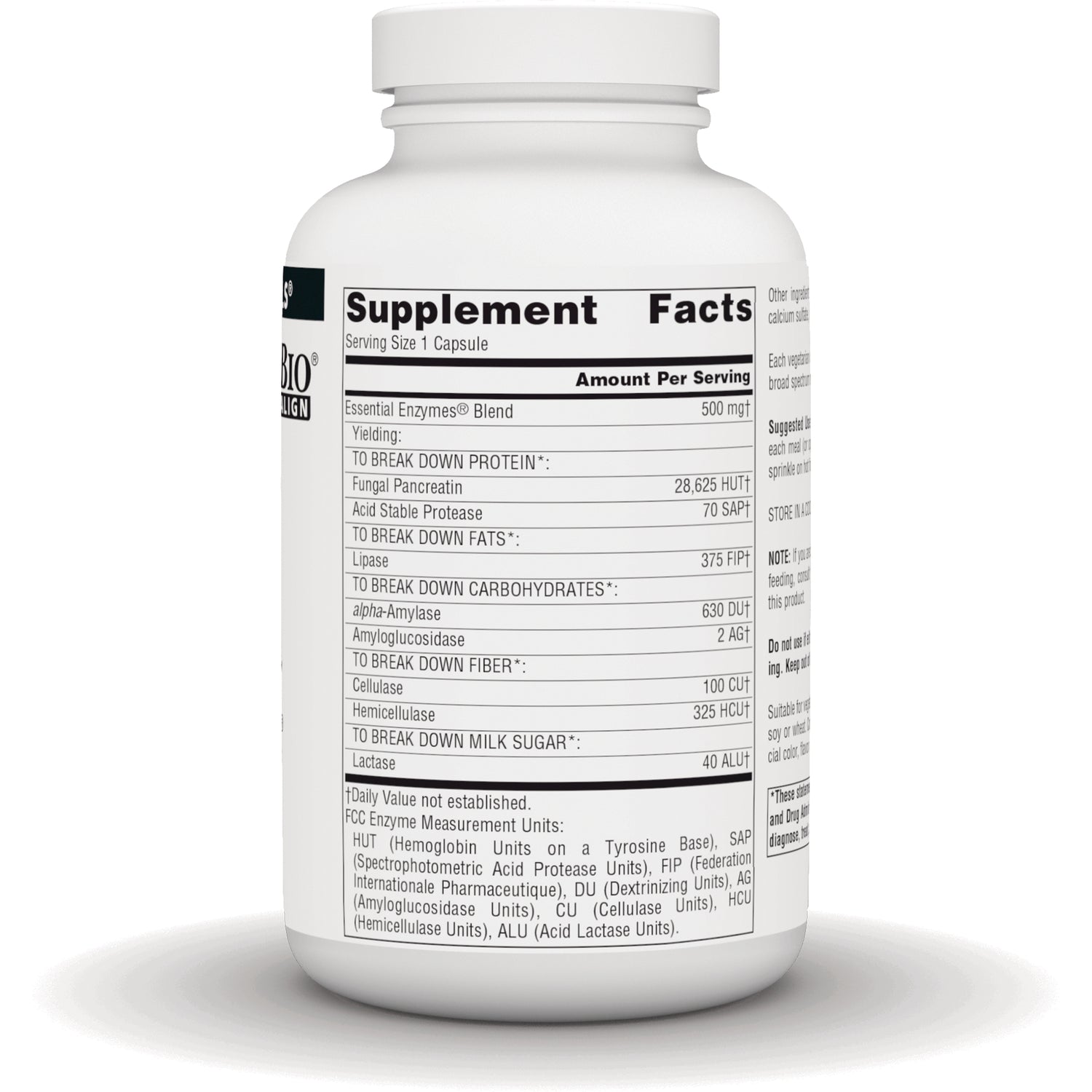 SN199 | Back label with Supplement Facts panel and Essential Enzymes blend details
