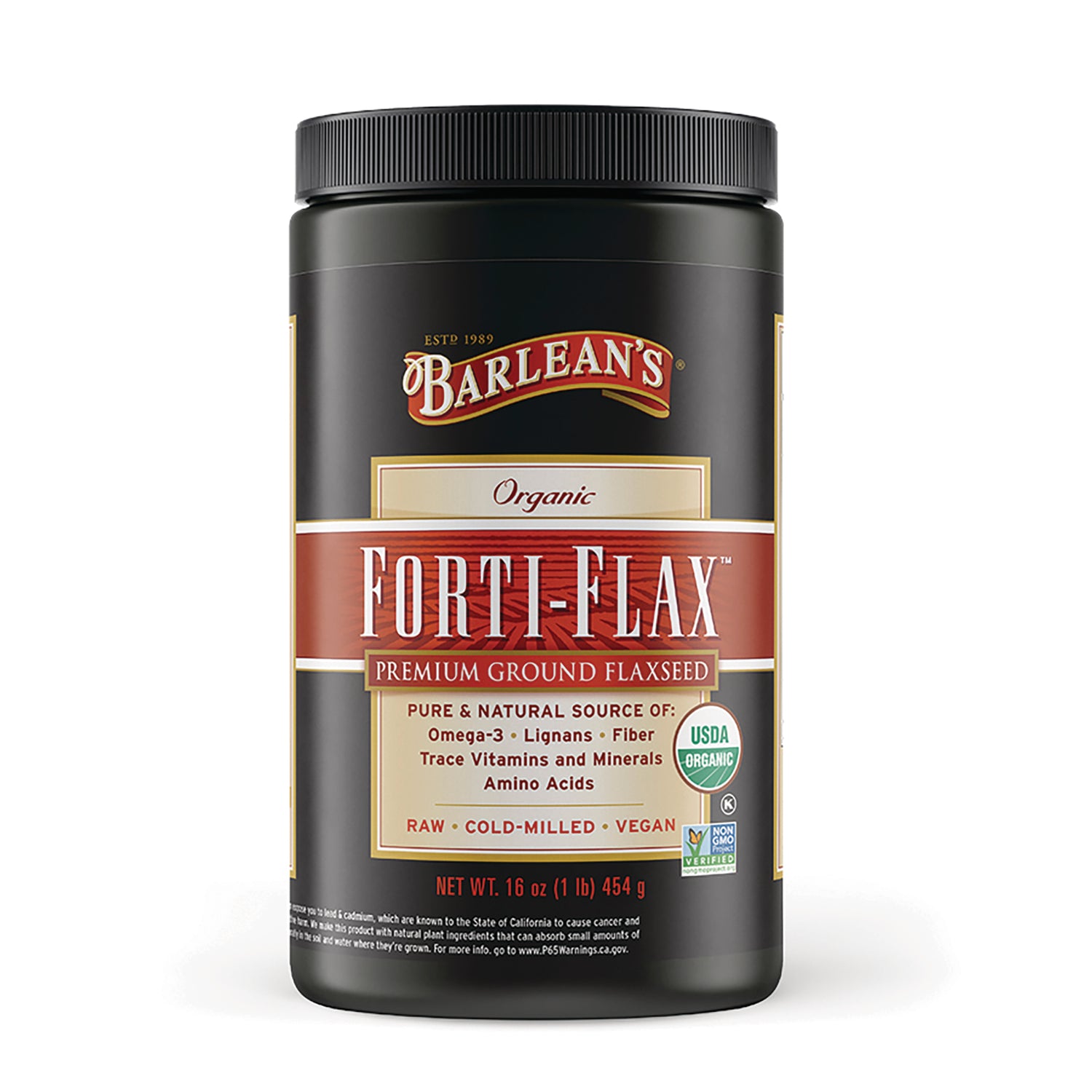 BAR007 | Barlean's Forti-Flax premium ground flaxseed black jar with 'Forti-Flax' label and USDA Organic seal