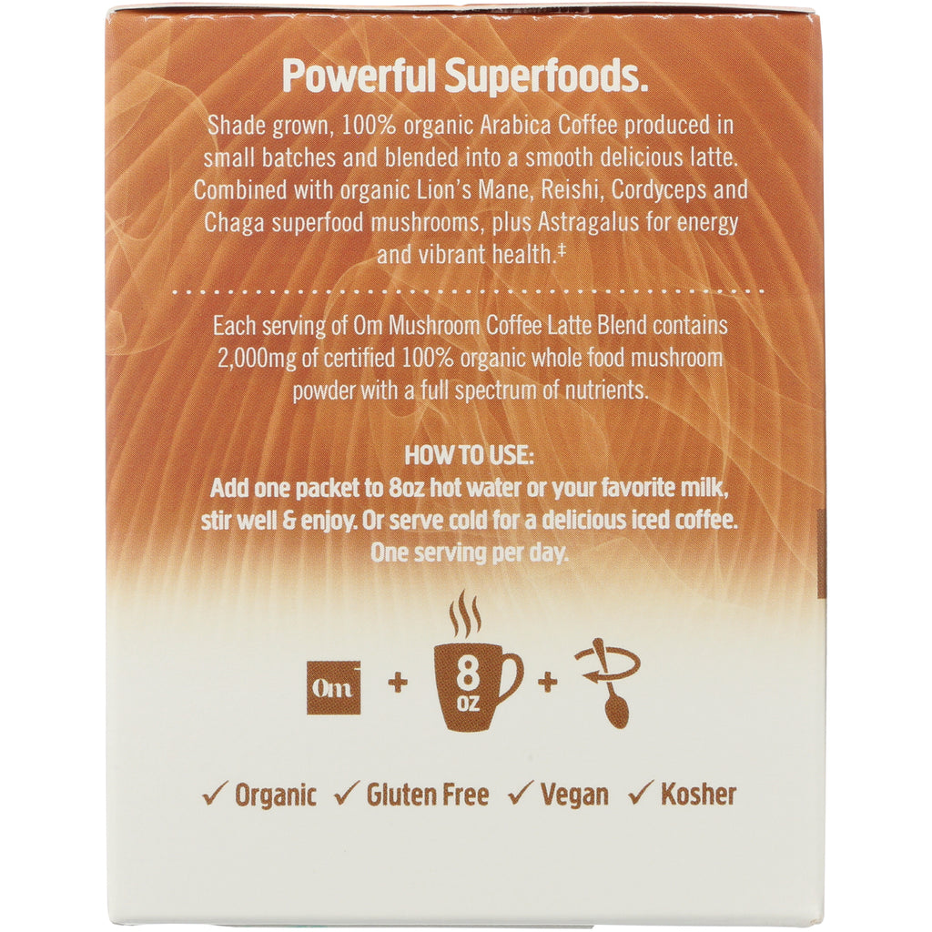 MMX036 | Back of Om mushroom coffee latte box showing usage instructions, 8 oz icon and labels Organic, Gluten Free, Vegan, Kosher - Thumbnail