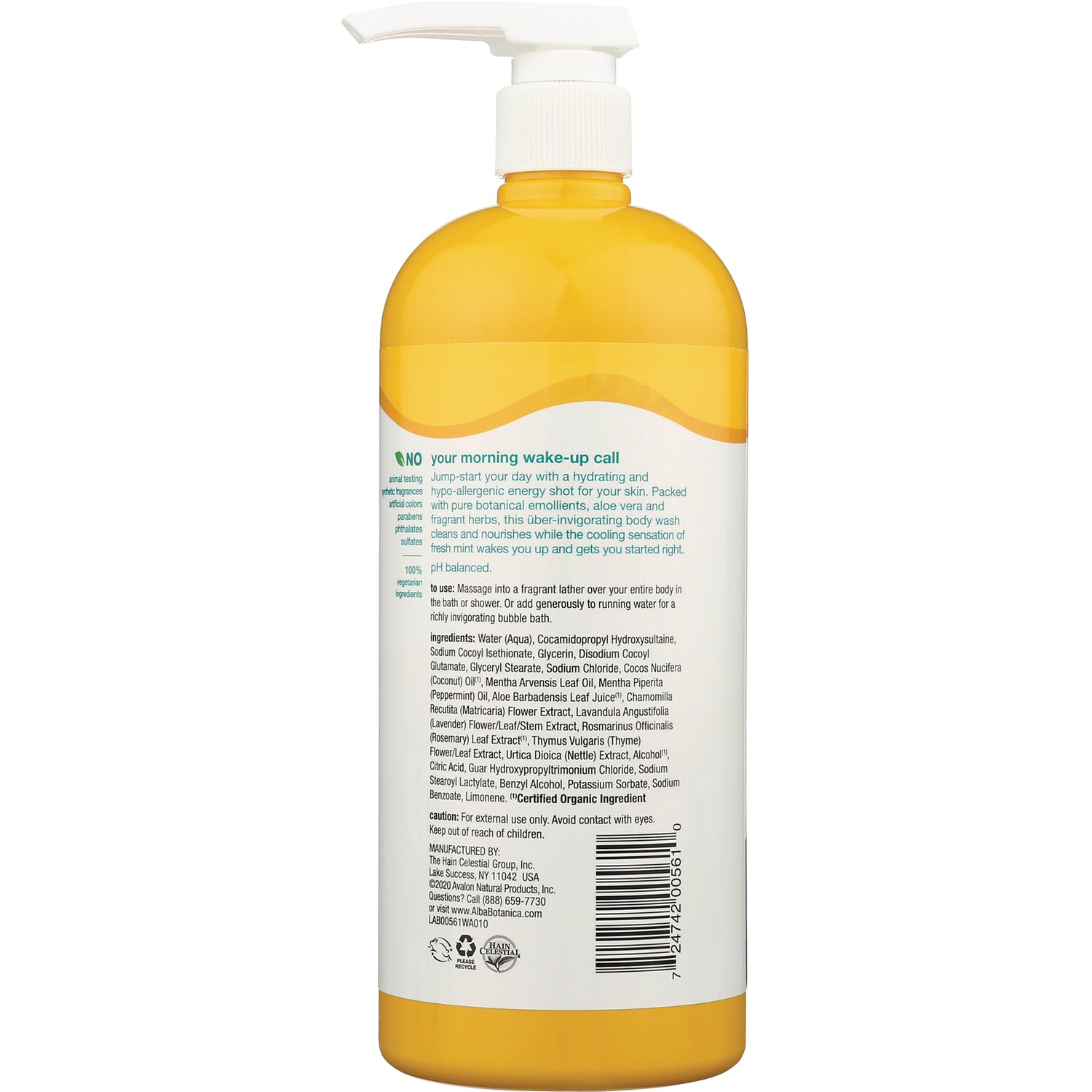 ABA061 | Back of yellow pump bottle showing 'your morning wake-up call' label, ingredients list and barcode