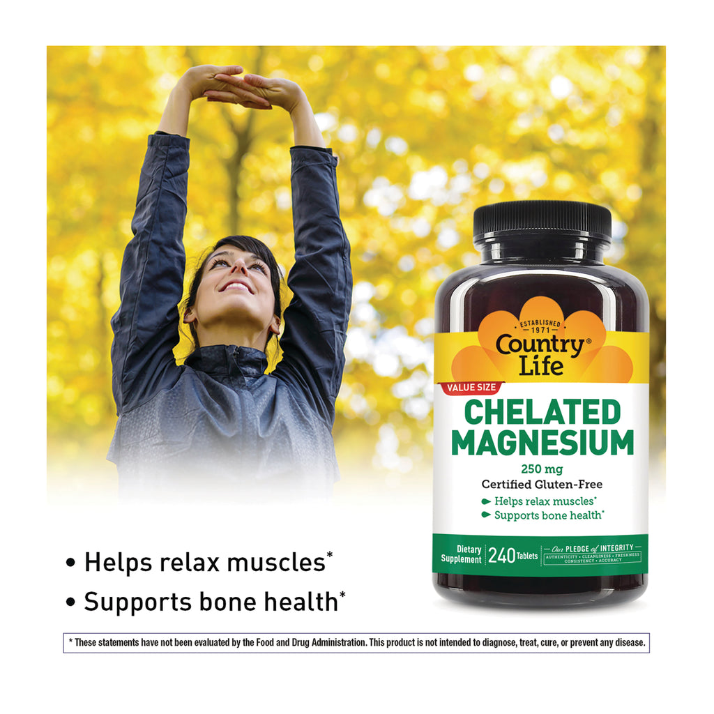CRL650 | Woman stretching outdoors next to Country Life Chelated Magnesium 250 mg bottle with text Helps relax muscles, Supports bone health - Thumbnail