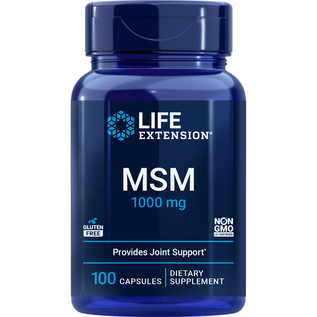 LE158 | Blue Life Extension bottle of MSM 1000 mg dietary supplement, 100 capsules, provides joint support - Thumbnail