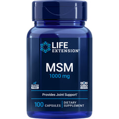 LE158 | Blue Life Extension bottle of MSM 1000 mg dietary supplement, 100 capsules, provides joint support