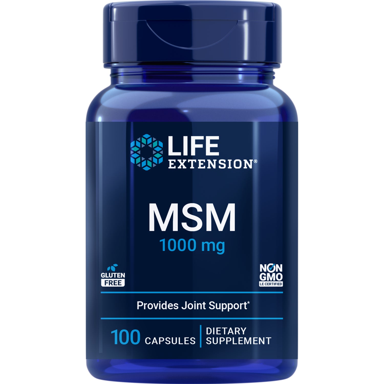 LE158 | Blue Life Extension bottle of MSM 1000 mg dietary supplement, 100 capsules, provides joint support