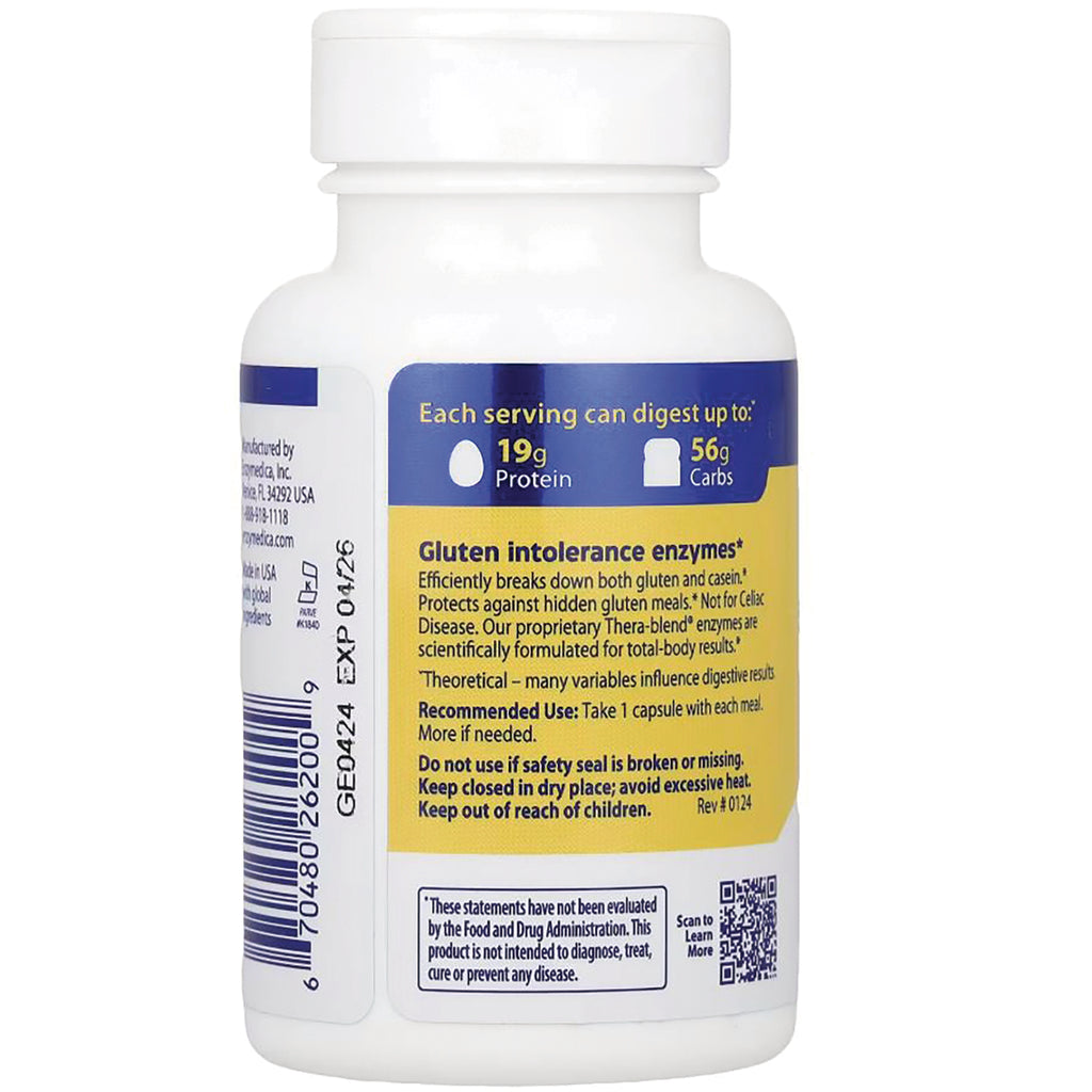 EMD012 | Back of white supplement bottle showing label Gluten intolerance enzymes, 19g protein and 56g carbs icons, barcode and QR - Thumbnail