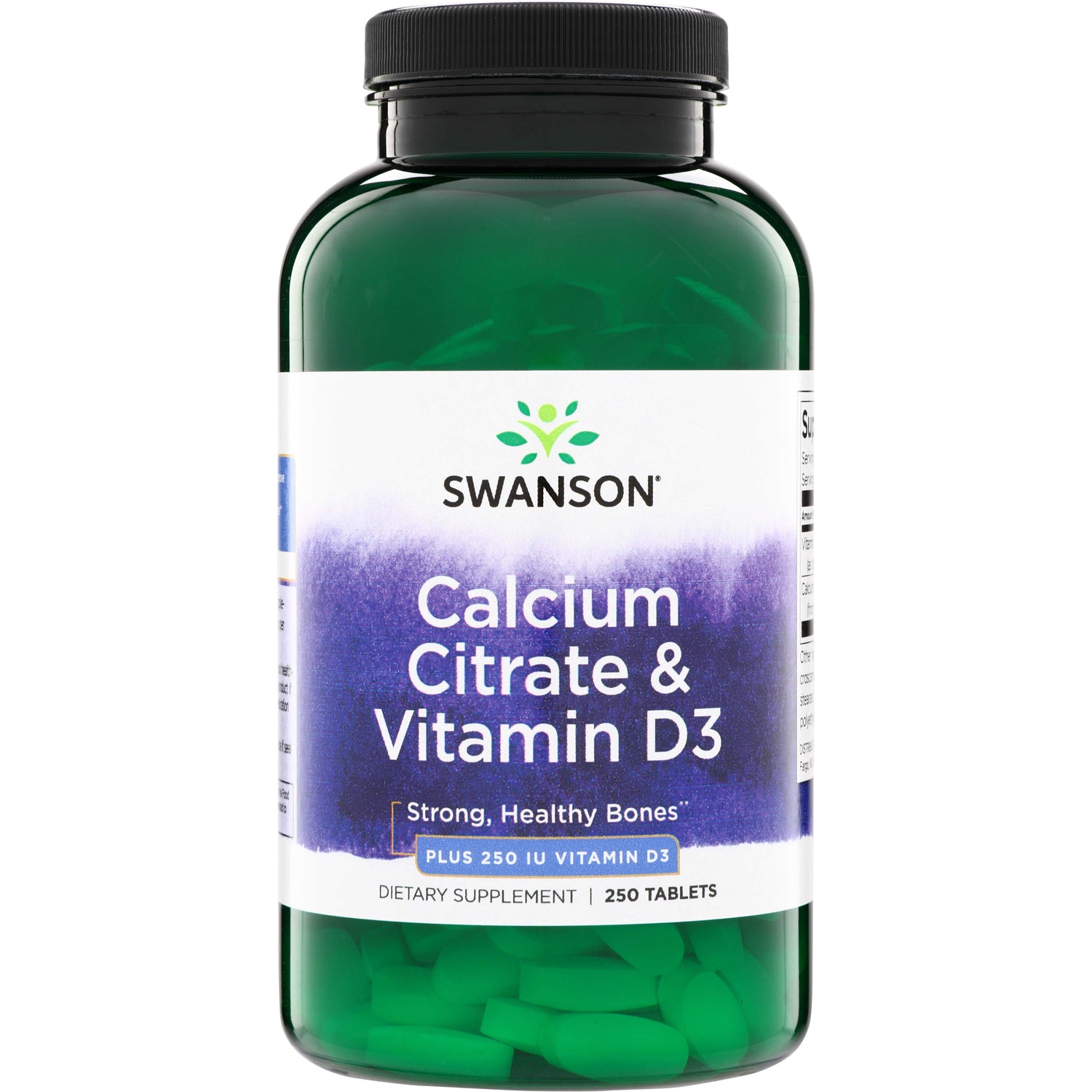 SW810 | Swanson Calcium Citrate & Vitamin D3 supplement bottle, Strong, Healthy Bones, plus 250 IU Vitamin D3, 250 tablets