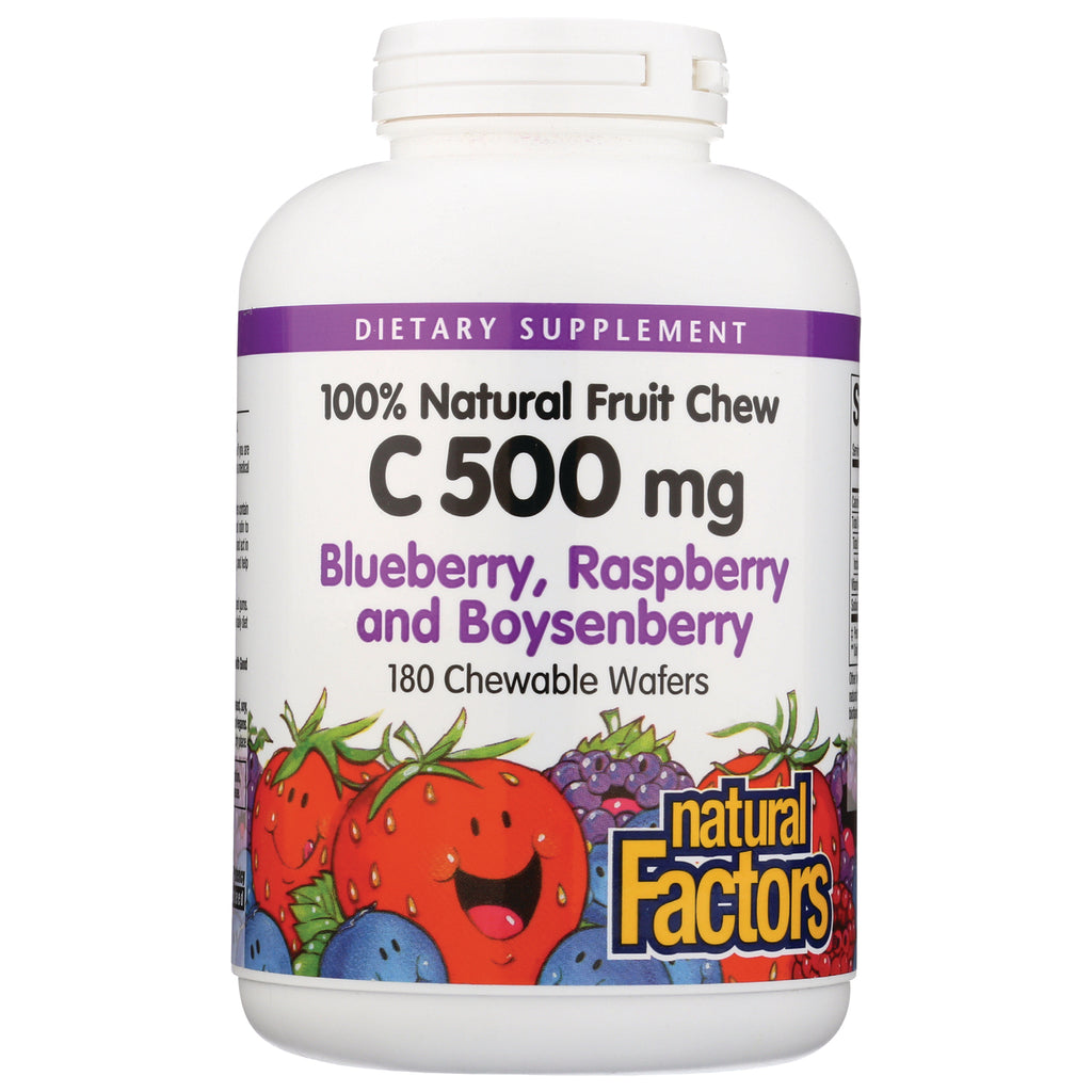 NFC091 | white Natural Factors bottle labeled C 500 mg blueberry, raspberry and boysenberry 180 chewable wafers - Thumbnail