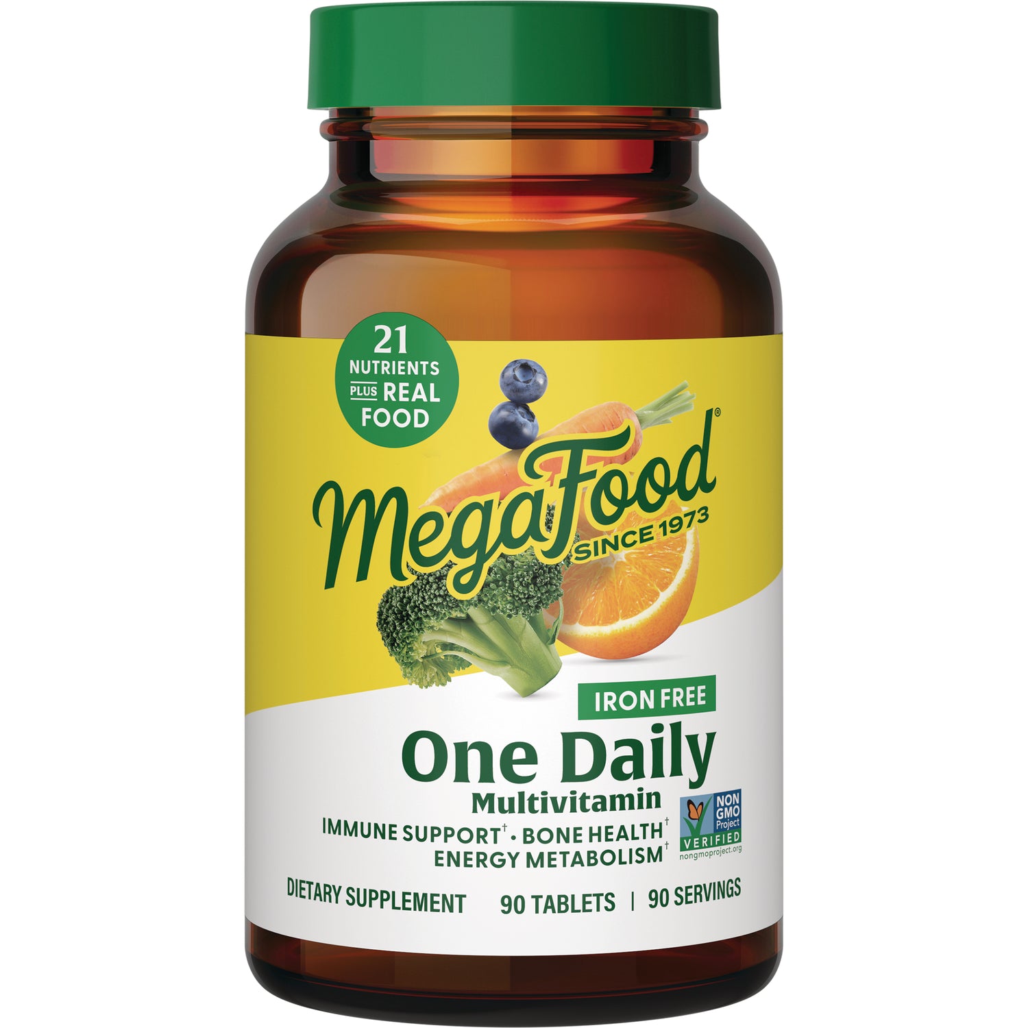 MGF010 | Front view of MegaFood One Daily multivitamin bottle with green cap and yellow label showing broccoli, orange, and blueberries