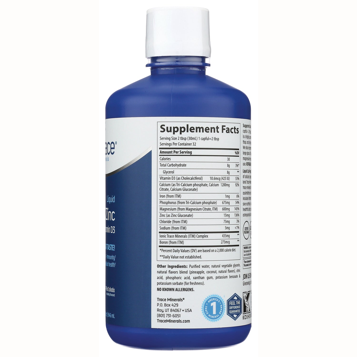 TM016 | Supplement Facts panel on back label of blue Trace Minerals liquid supplement bottle