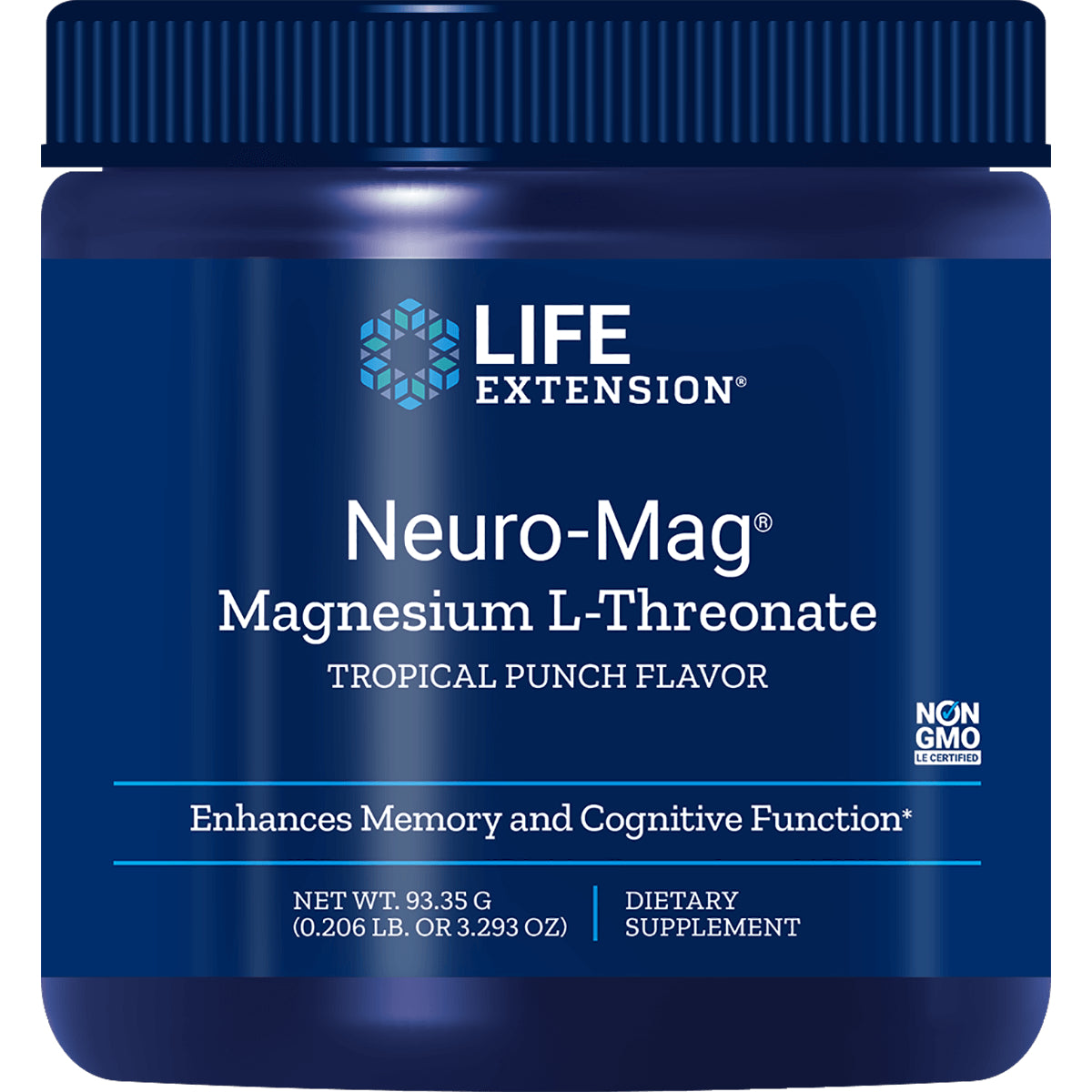 LE432 | Life Extension Neuro-Mag magnesium L-Threonate tropical punch supplement front label