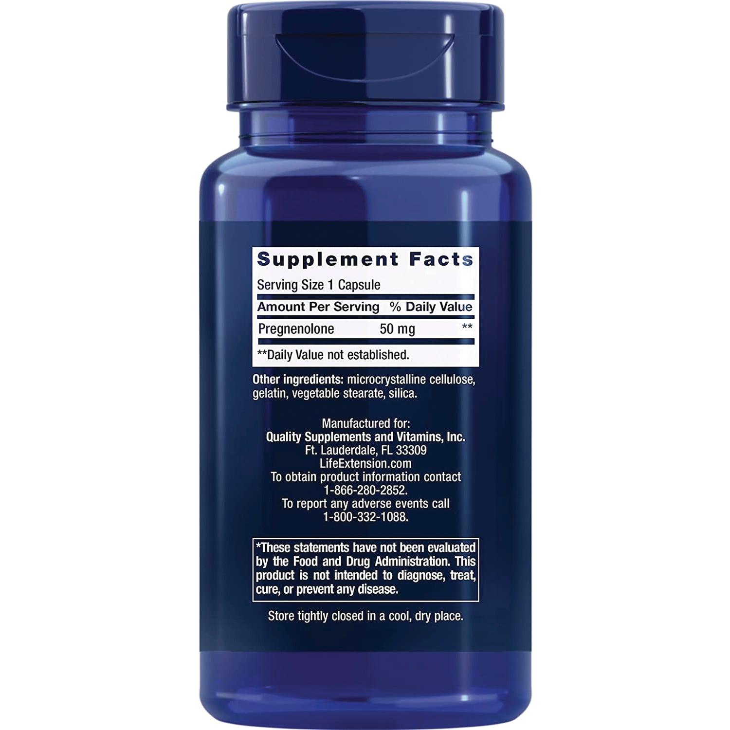 LE136 | back label showing Supplement Facts panel, ingredients, and warning text on blue supplement bottle