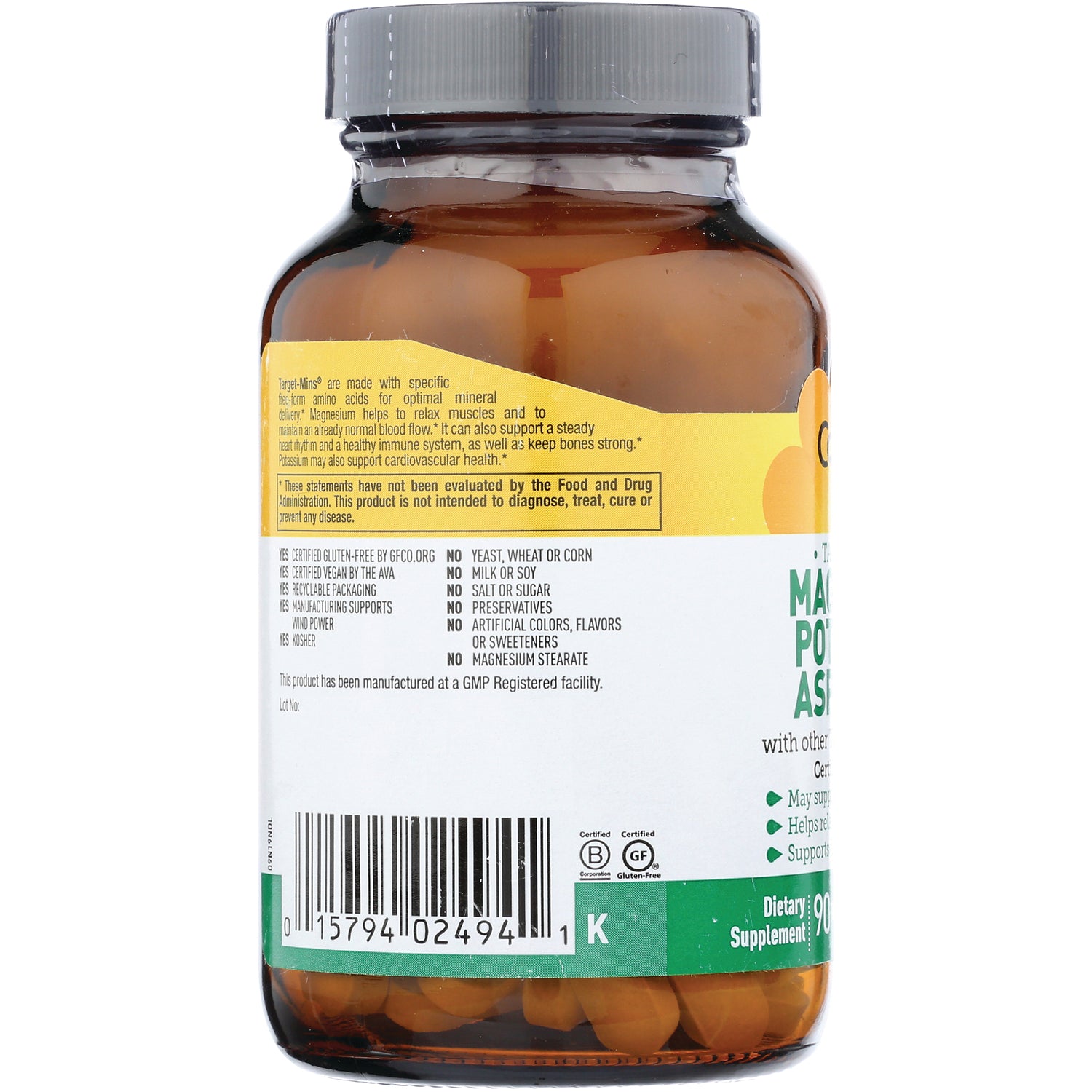 CRL446 | back of amber supplement bottle showing label text, ingredient claims, and barcode