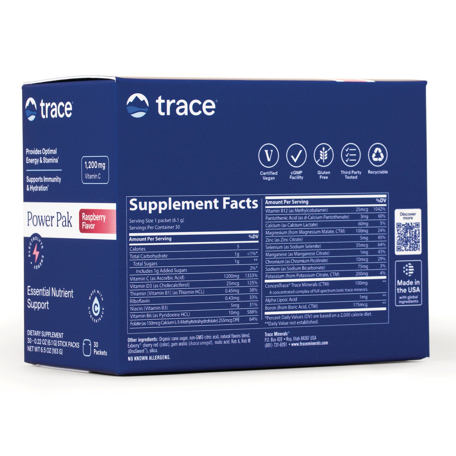 TM021 | Back of Trace Power Pak Raspberry Flavor box with Supplement Facts and certifications
