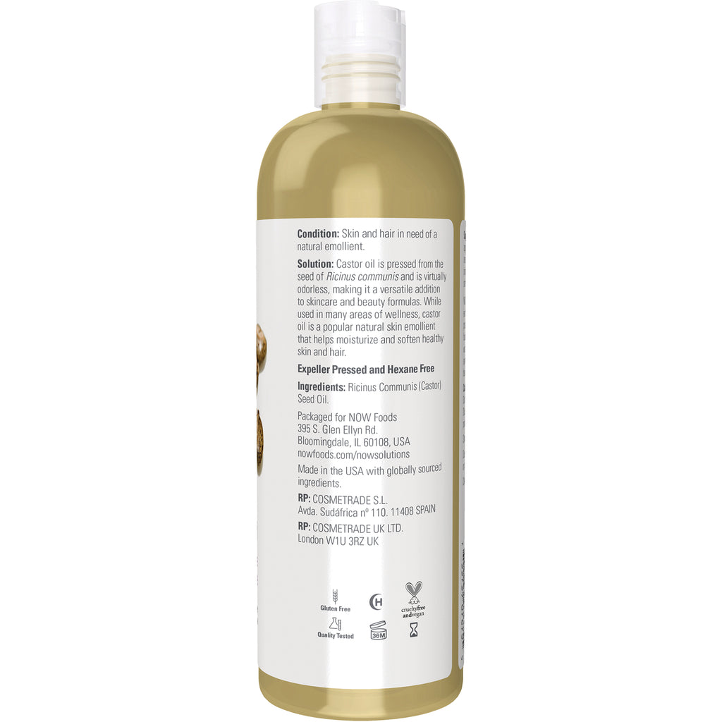 NWF436 | Back label of castor oil bottle showing ingredients, usage notes and certification icons - Thumbnail