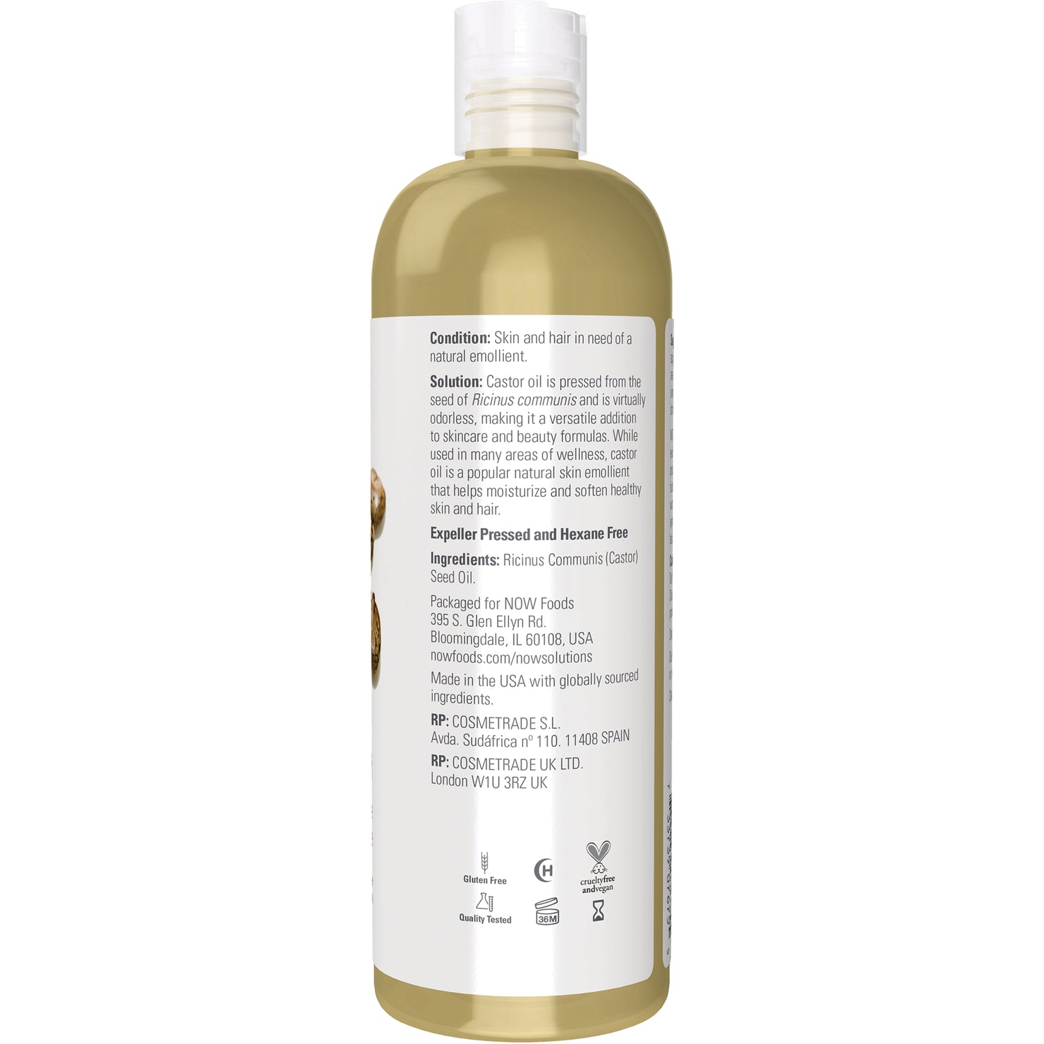 NWF436 | Back label of castor oil bottle showing ingredients, usage notes and certification icons