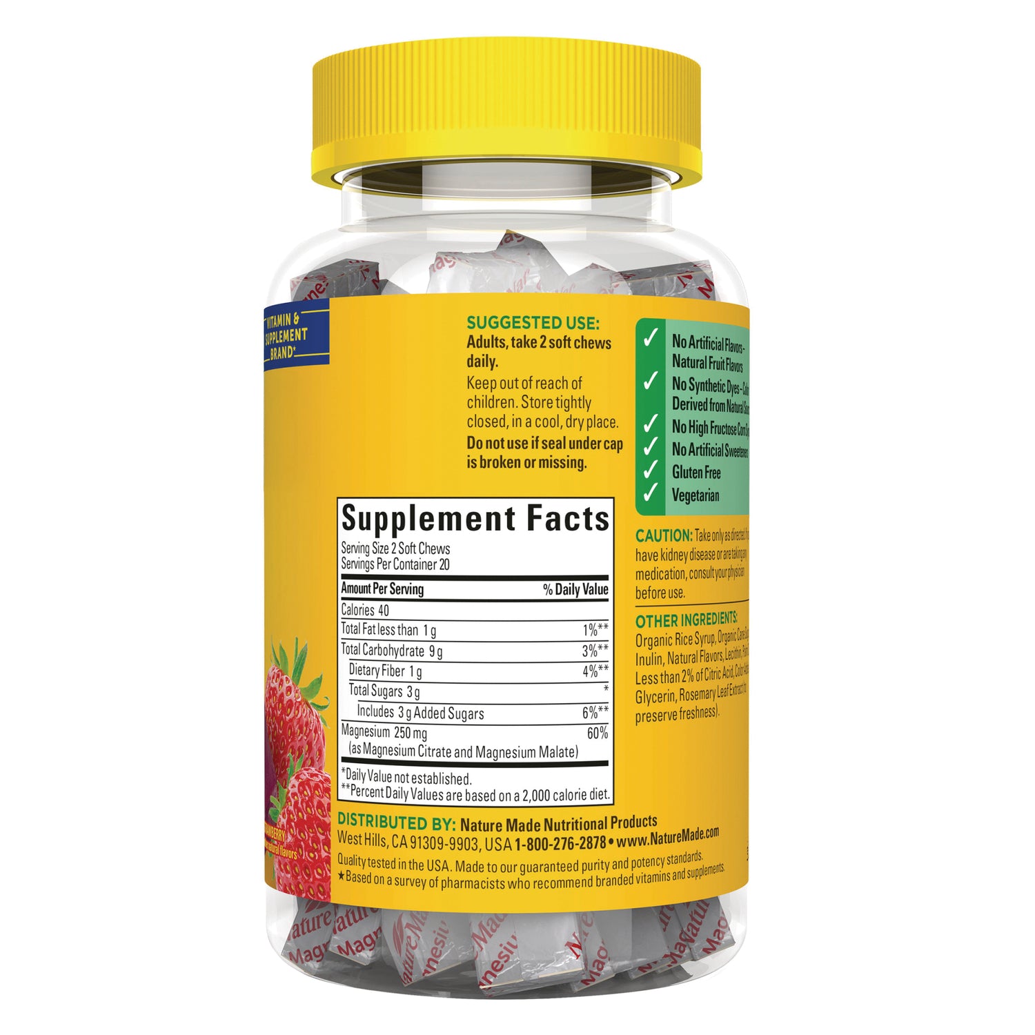 NTM184 | Back of clear supplement bottle with yellow label showing Supplement Facts panel, suggested use, and strawberry image