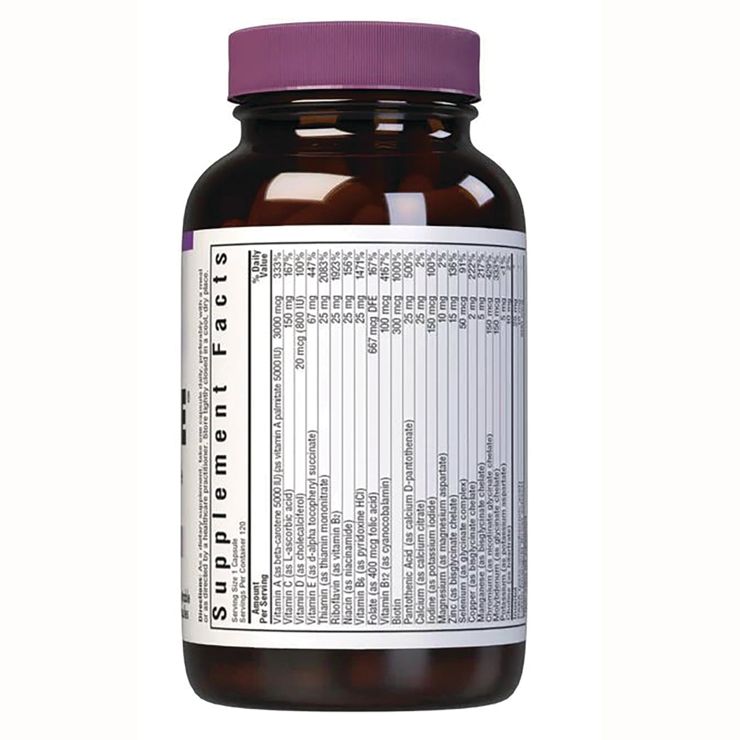 BLU102 | Back of amber supplement bottle with purple cap showing Supplement Facts label
