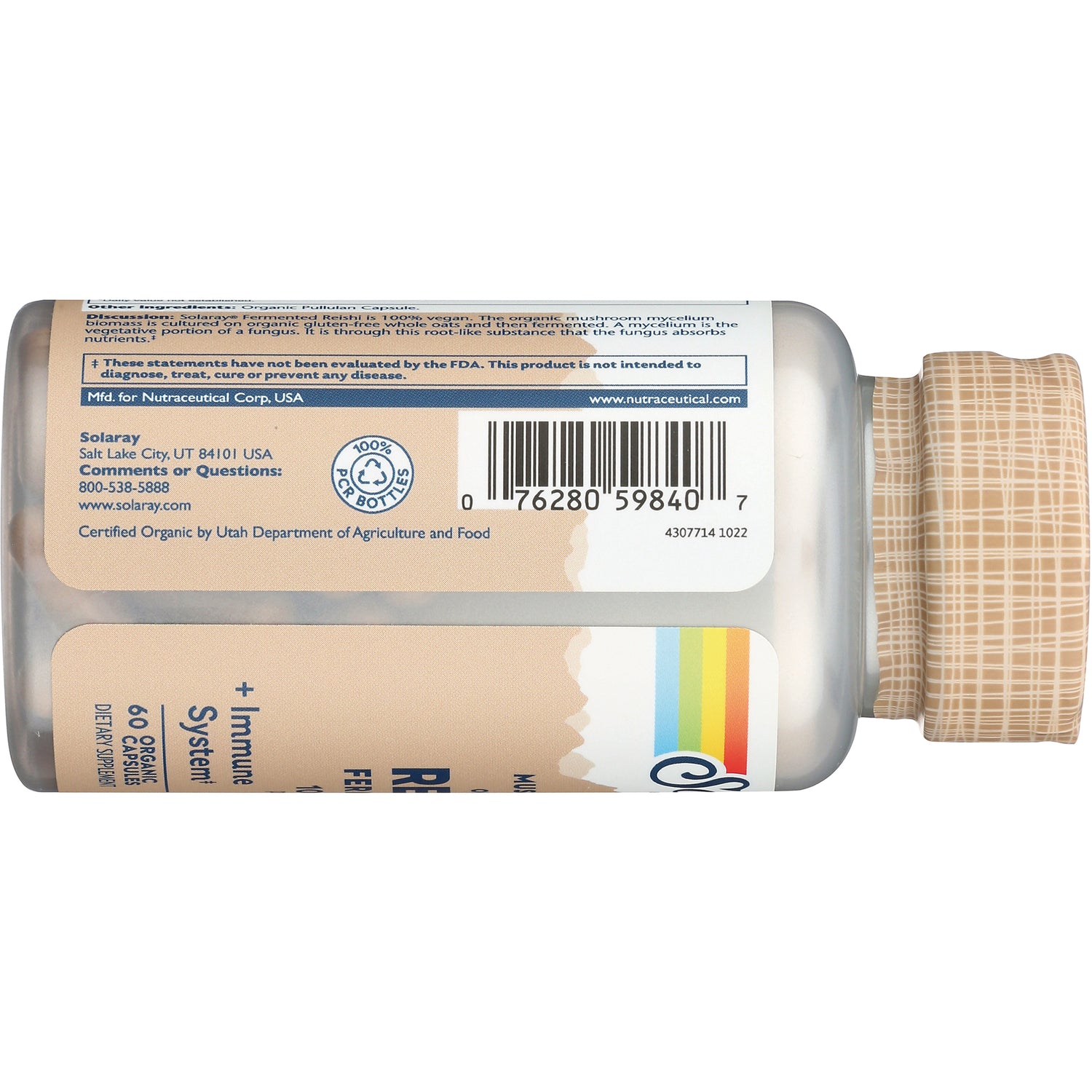 SLR464 | back label and product infographic showing barcode, certified organic seal, contact details, and beige patterned cap