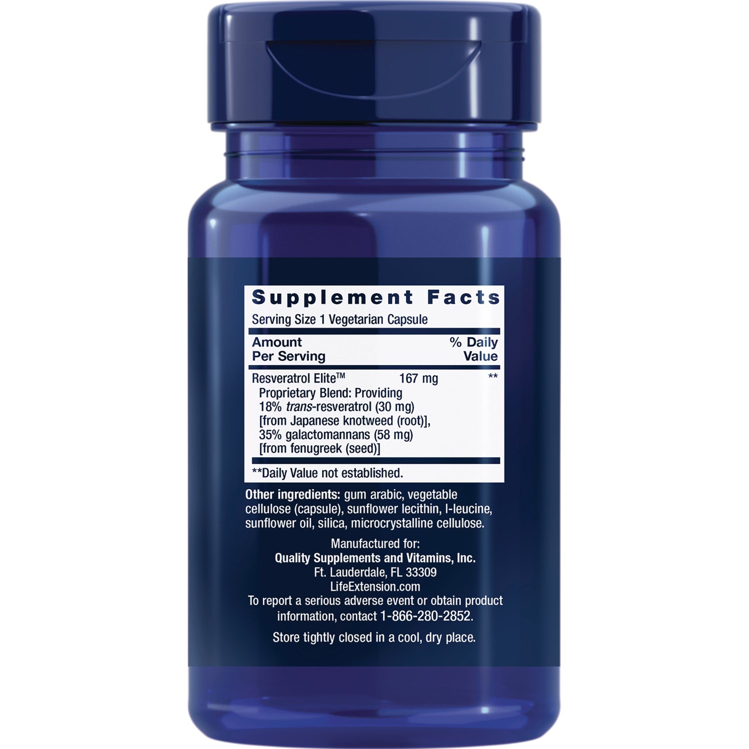LE558 | back of blue supplement bottle showing Supplement Facts label and ingredient text